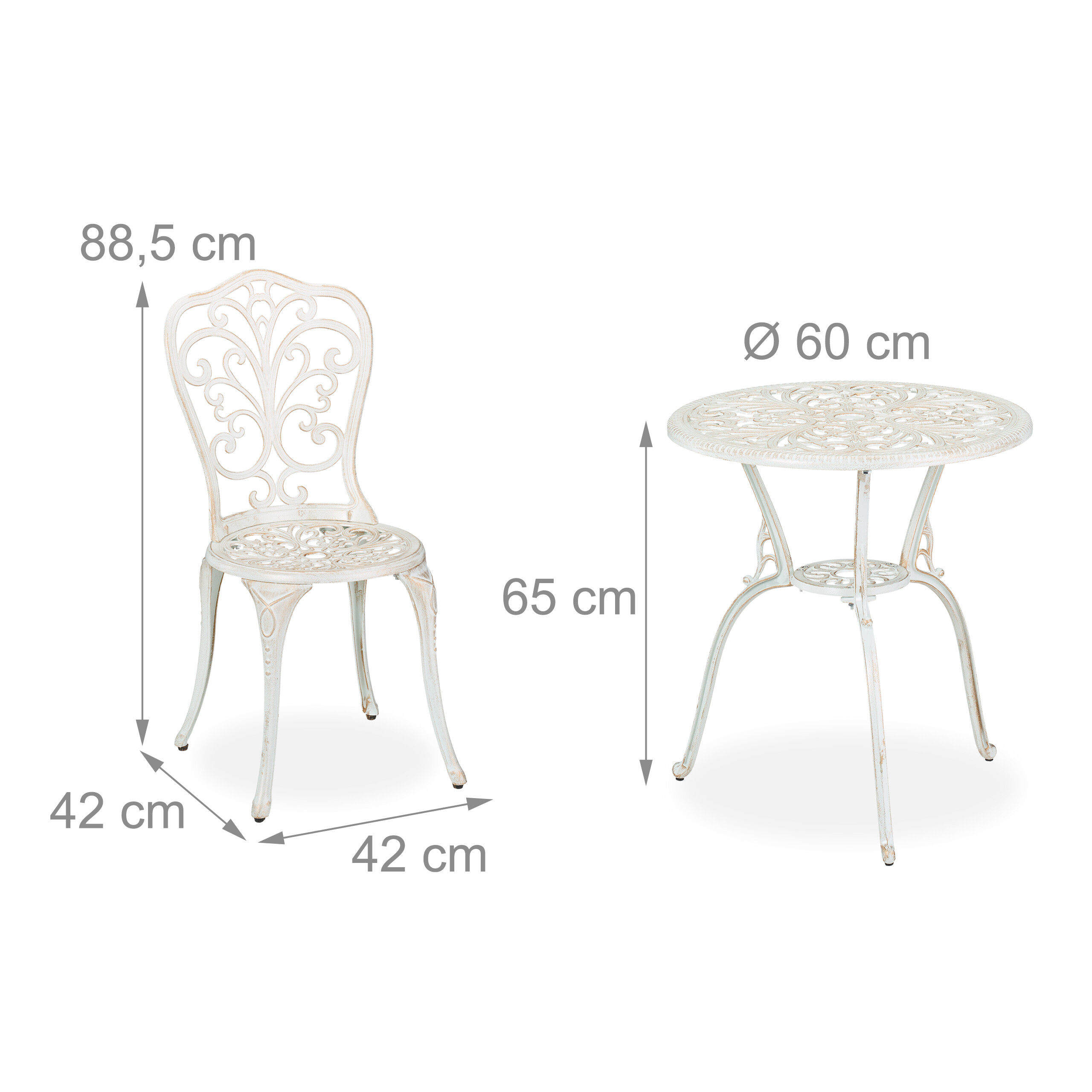 Weißes Gartenmöbel-Set aus Tisch und Stuhl mit Maßangaben.