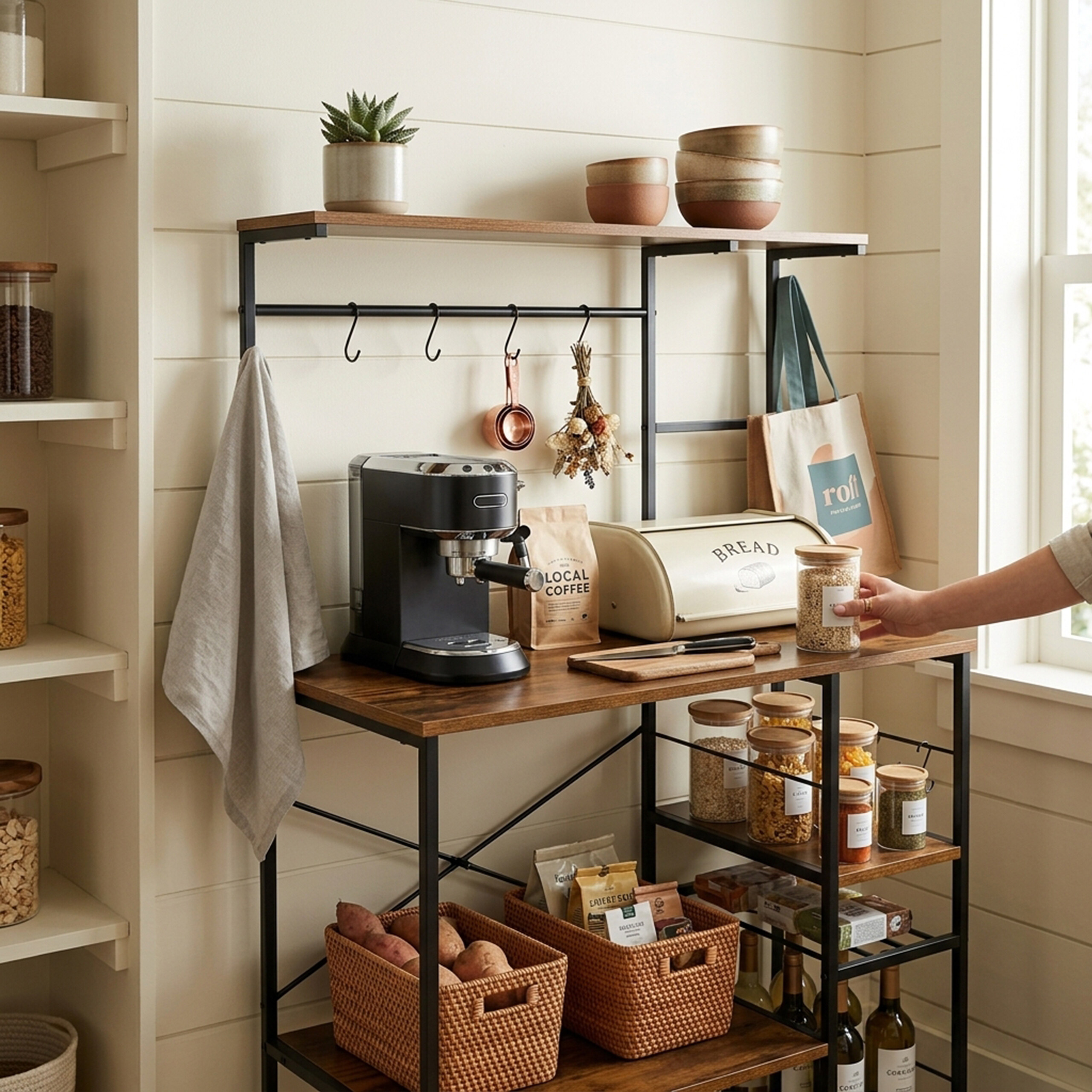 Ein Küchenregal mit Kaffeemaschine, Brotkasten, Gläsern und Hängeutensilien an einer weißen Wand.