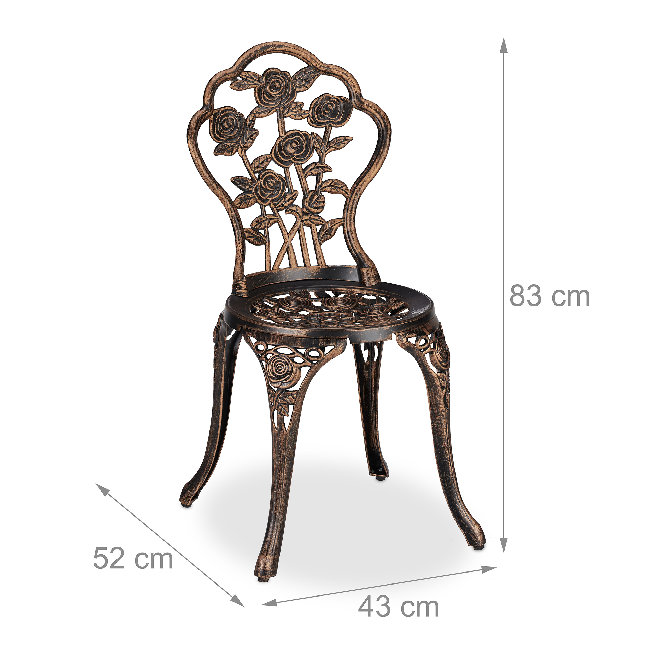 Bronzefarbener Metallgartenstuhl mit Rosenmuster und Maßen: 83 cm Höhe, 52 cm Tiefe, 43 cm Breite.