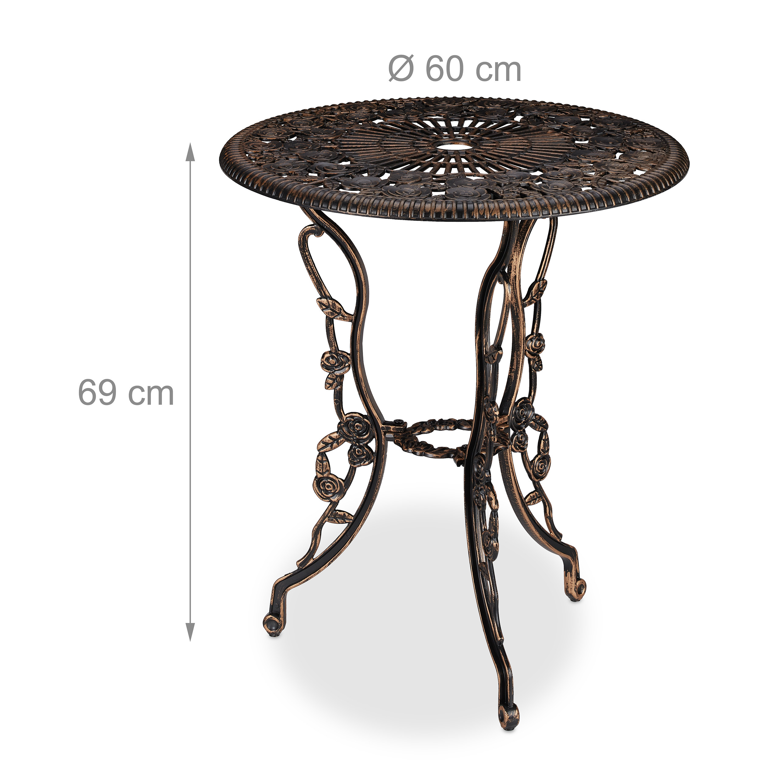 Runder Gartentisch aus Gusseisen mit floralen Beinen, 60 cm Durchmesser und 69 cm Höhe, vor weißem Hintergrund.