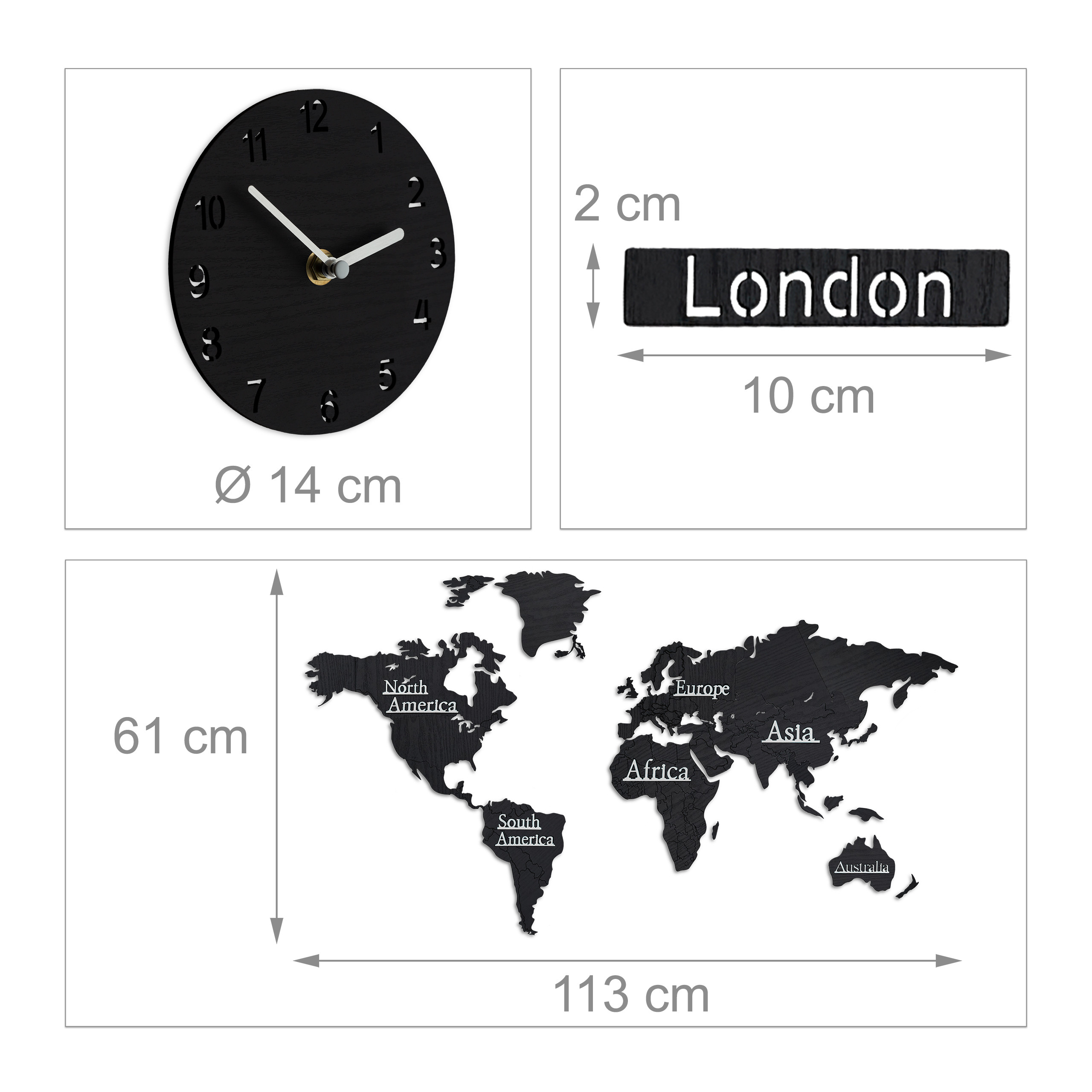 Diagramm zeigt Maße für eine schwarze Weltkarte, eine London-Plakette und eine Uhr mit 14 cm Durchmesser.