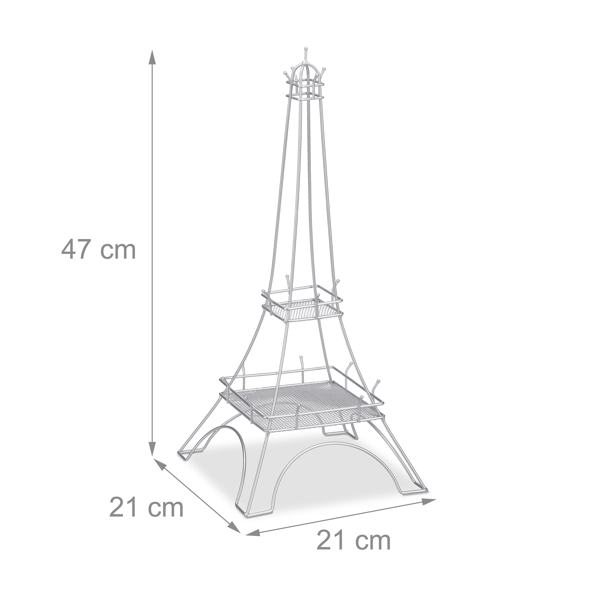 Ein Metallgitter-Eiffelturm-Ständer mit den Maßen 47 cm Höhe, 21 cm Breite und 21 cm Tiefe.
