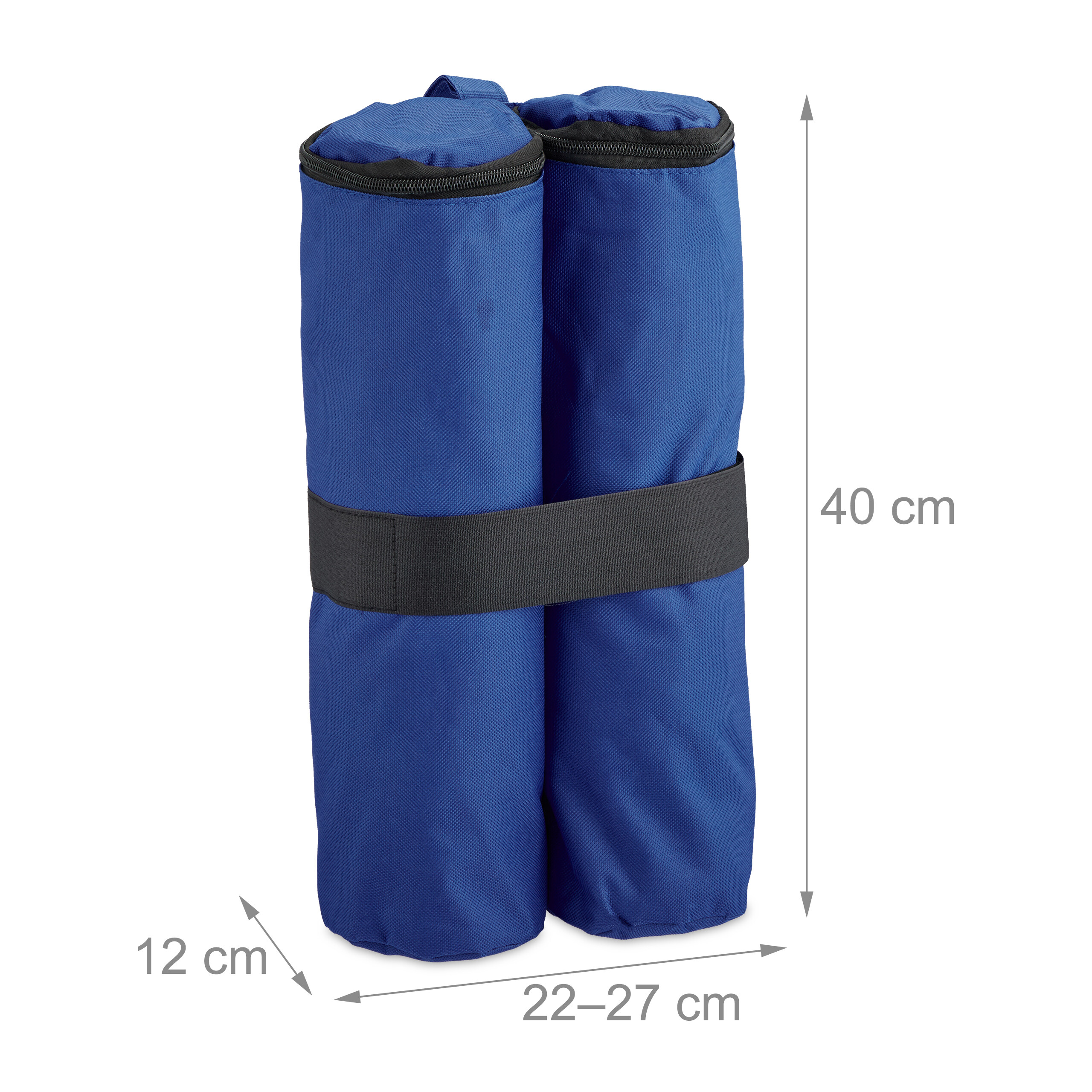 Zwei blaue zylindrische Taschen mit schwarzem Gurt, Maße 40x22-27x12 cm.