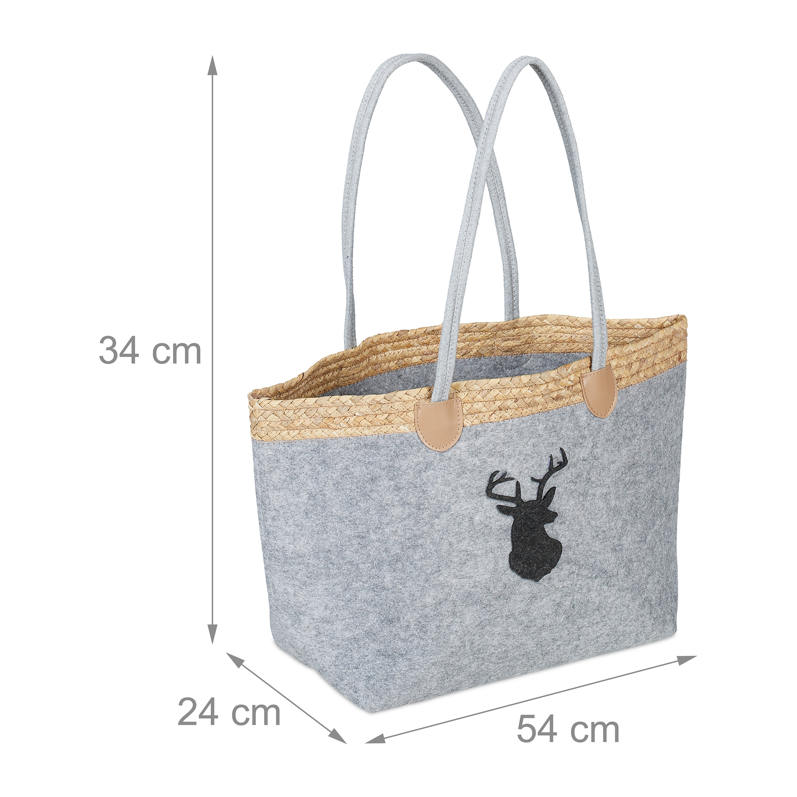 Graue Filztasche mit Hirschkopf, Strohrand und Maßen von 54x24x34 cm.