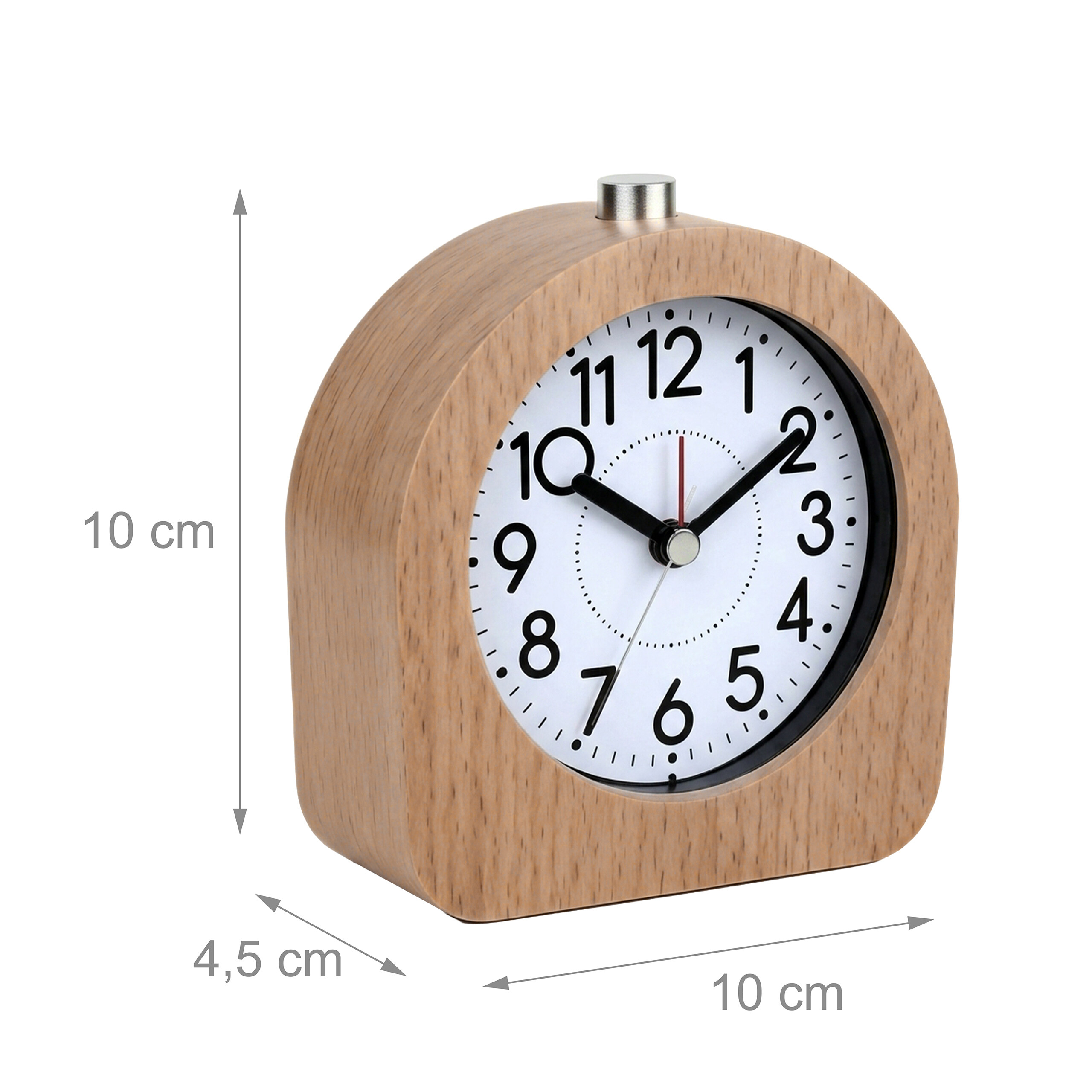 Runder Wecker aus Holz mit Maßen: 10 cm Höhe und Breite, 4,5 cm Tiefe.