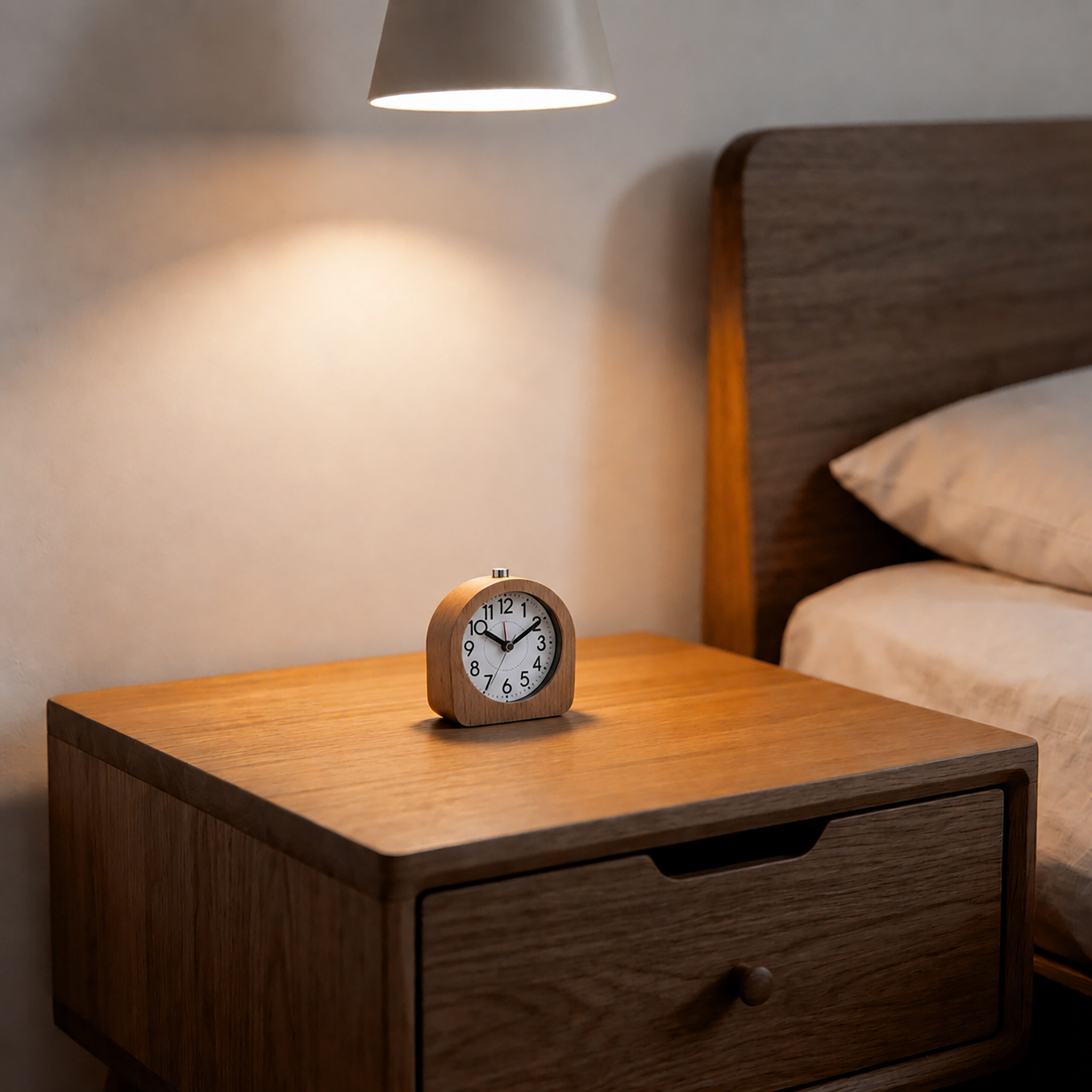 Ein hölzerner Wecker steht auf einem Nachttisch neben einem Bett unter einer Lampe.
