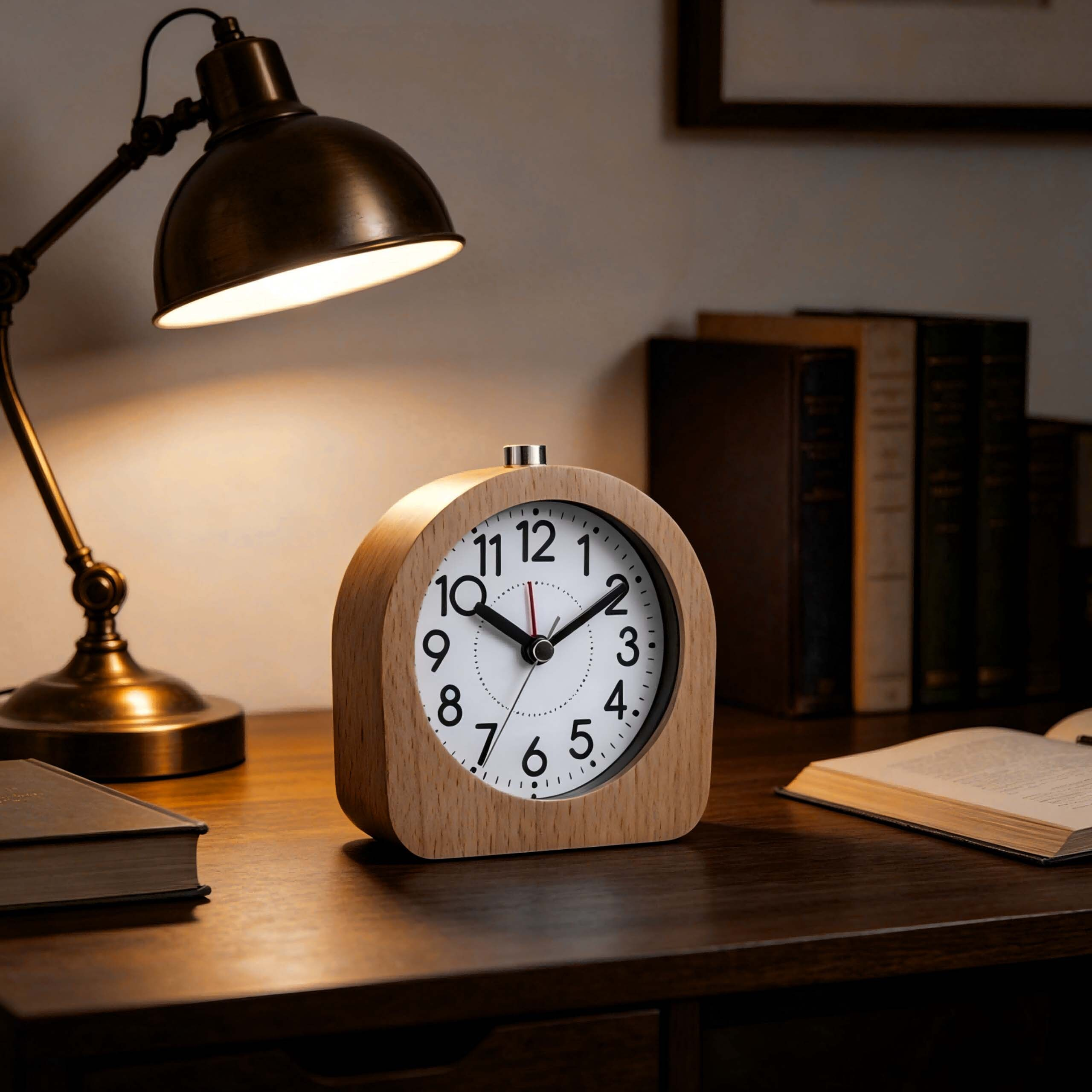 Ein Wecker aus Holz steht auf einem Schreibtisch neben einer Lampe, Büchern und einem offenen Buch.