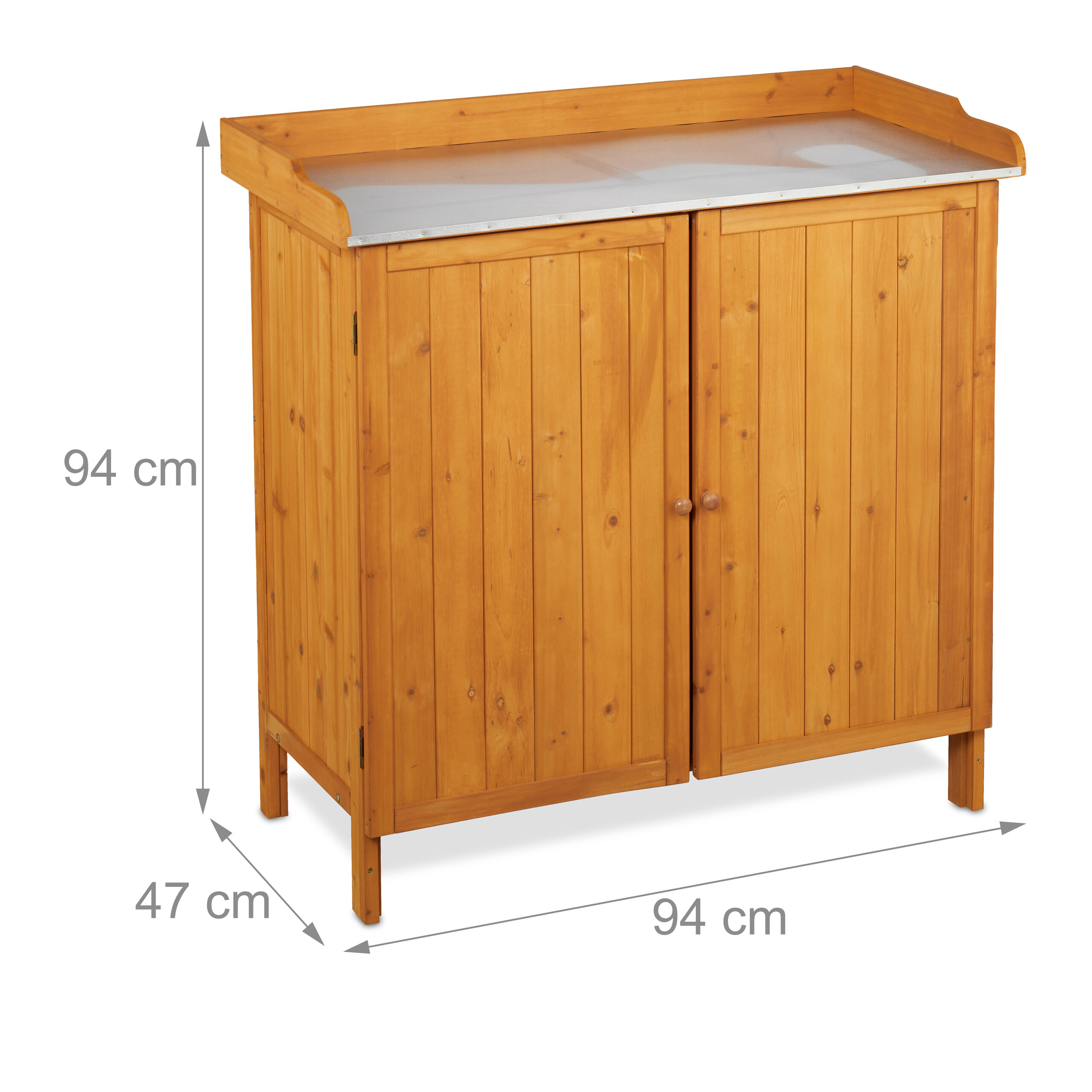 Gepflanztisch aus Holz mit Metallplatte und Doppeltüren, Maße 94x94x47 cm.