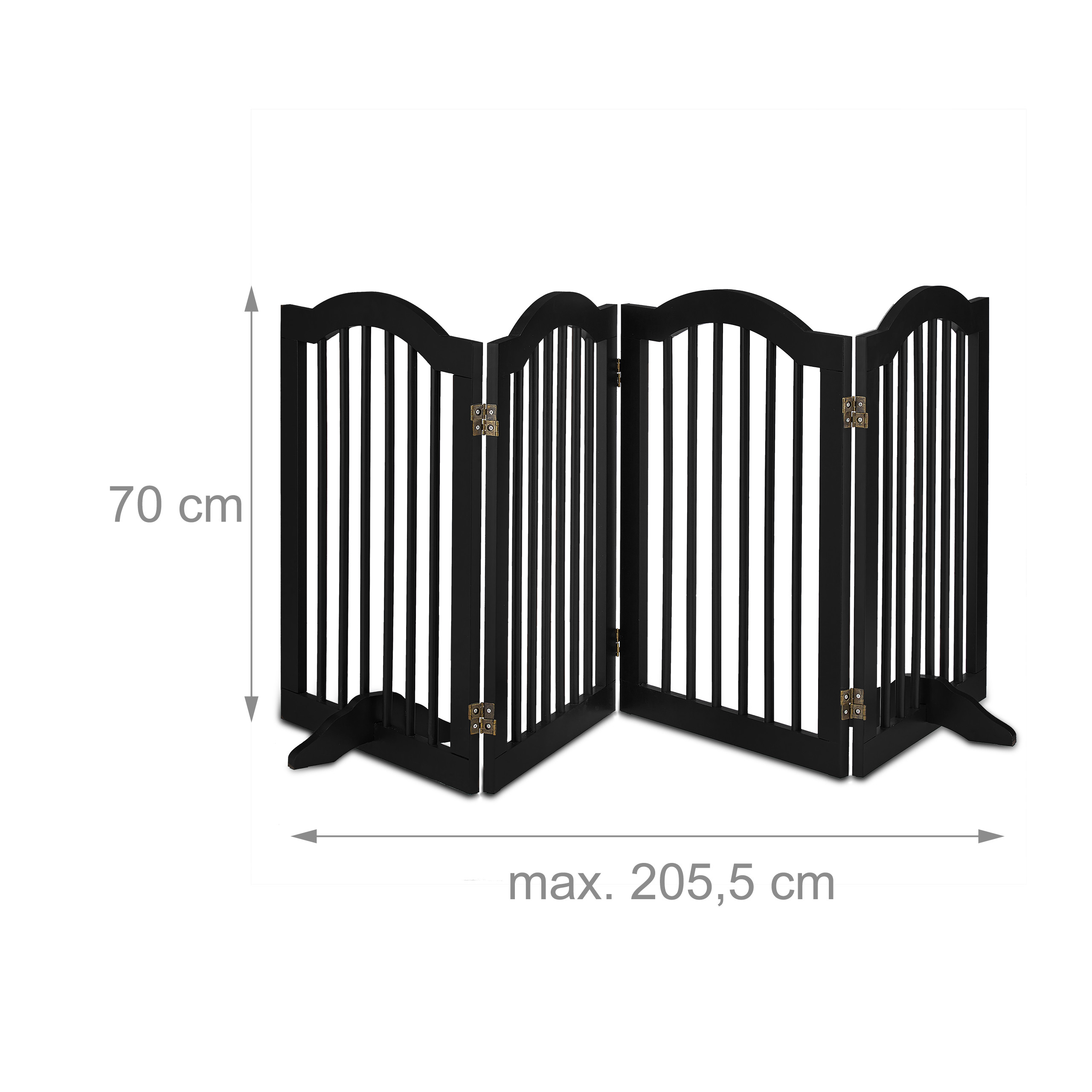 Ein schwarzes Haustiergitter aus Holz mit vier Paneelen, 70 cm hoch und bis zu 205,5 cm breit, auf weißem Hintergrund.