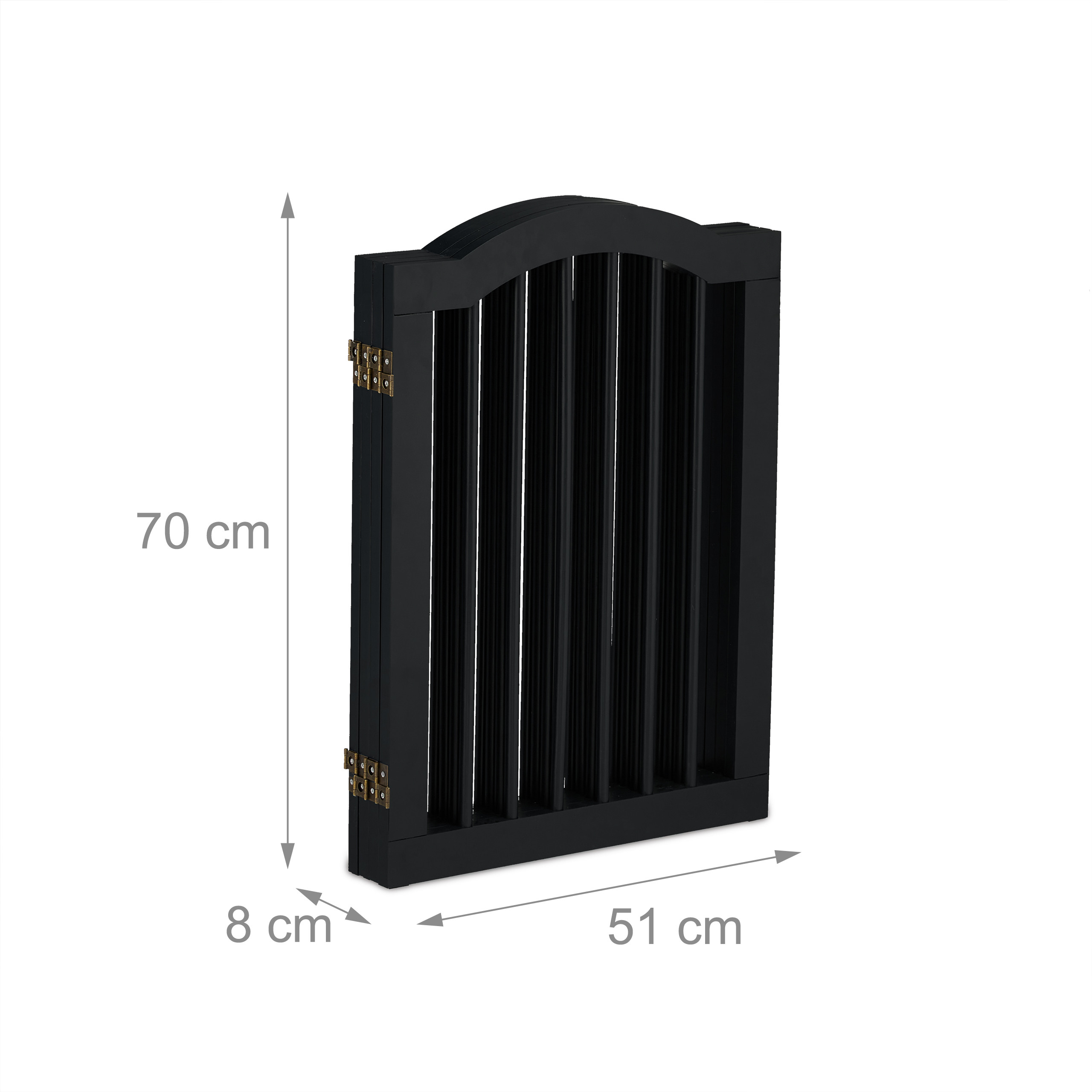 Schwarzes Holzgitter, gefaltet, mit Maßen von 70 cm Höhe, 51 cm Breite und 8 cm Tiefe auf weißem Hintergrund.