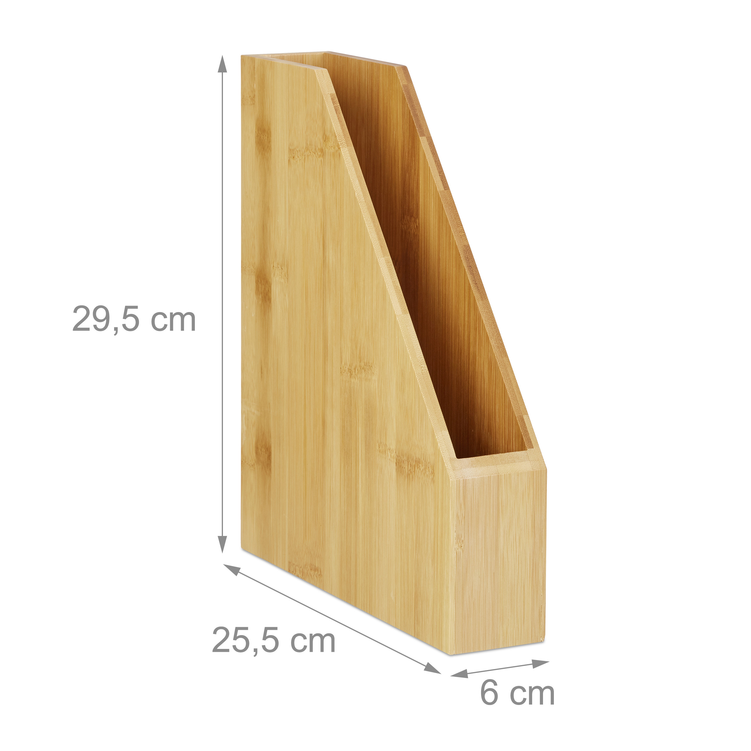 Ein Zeitschriftenhalter aus Holz mit den Maßen 29,5 cm Höhe, 25,5 cm Tiefe und 6 cm Breite auf weißem Hintergrund.
