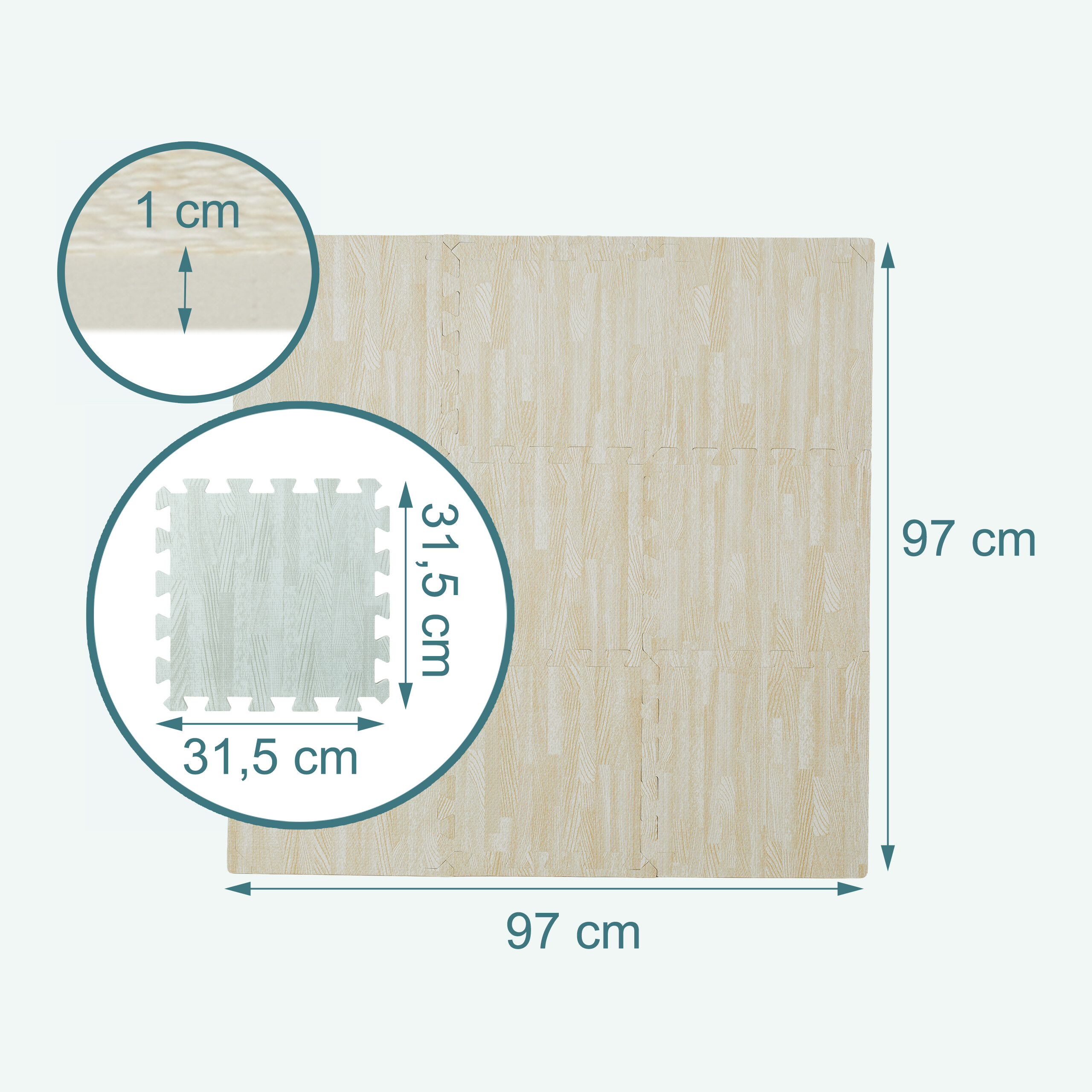 Holzoptik-Puzzlematte, 97x97 cm groß und 1 cm dick, mit Einzelteilen von 31,5x31,5 cm.