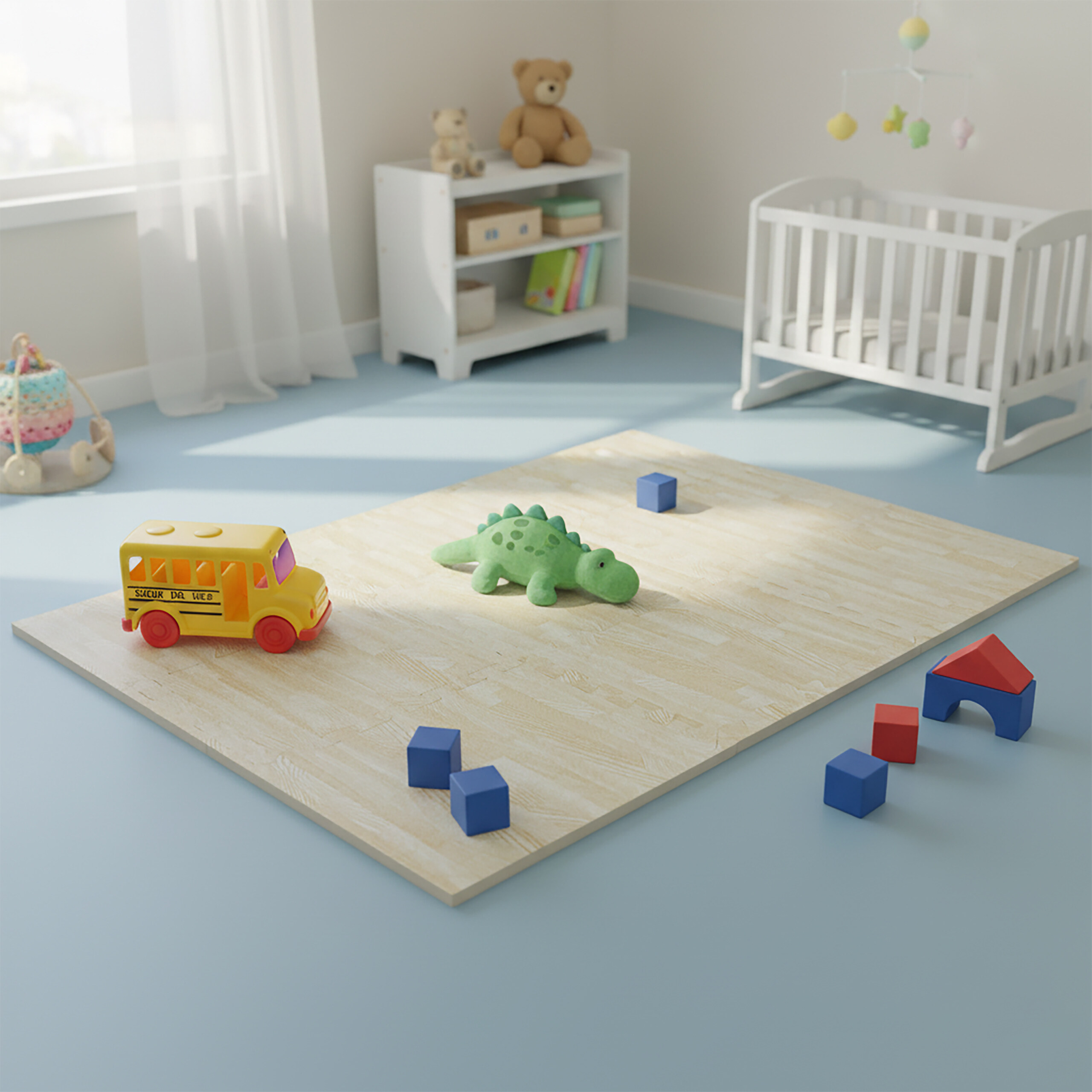 Ein helles Kinderzimmer mit einer Holzmatte, einem gelben Spielzeugbus, einem grünen Dinosaurier und Bauklötzen.