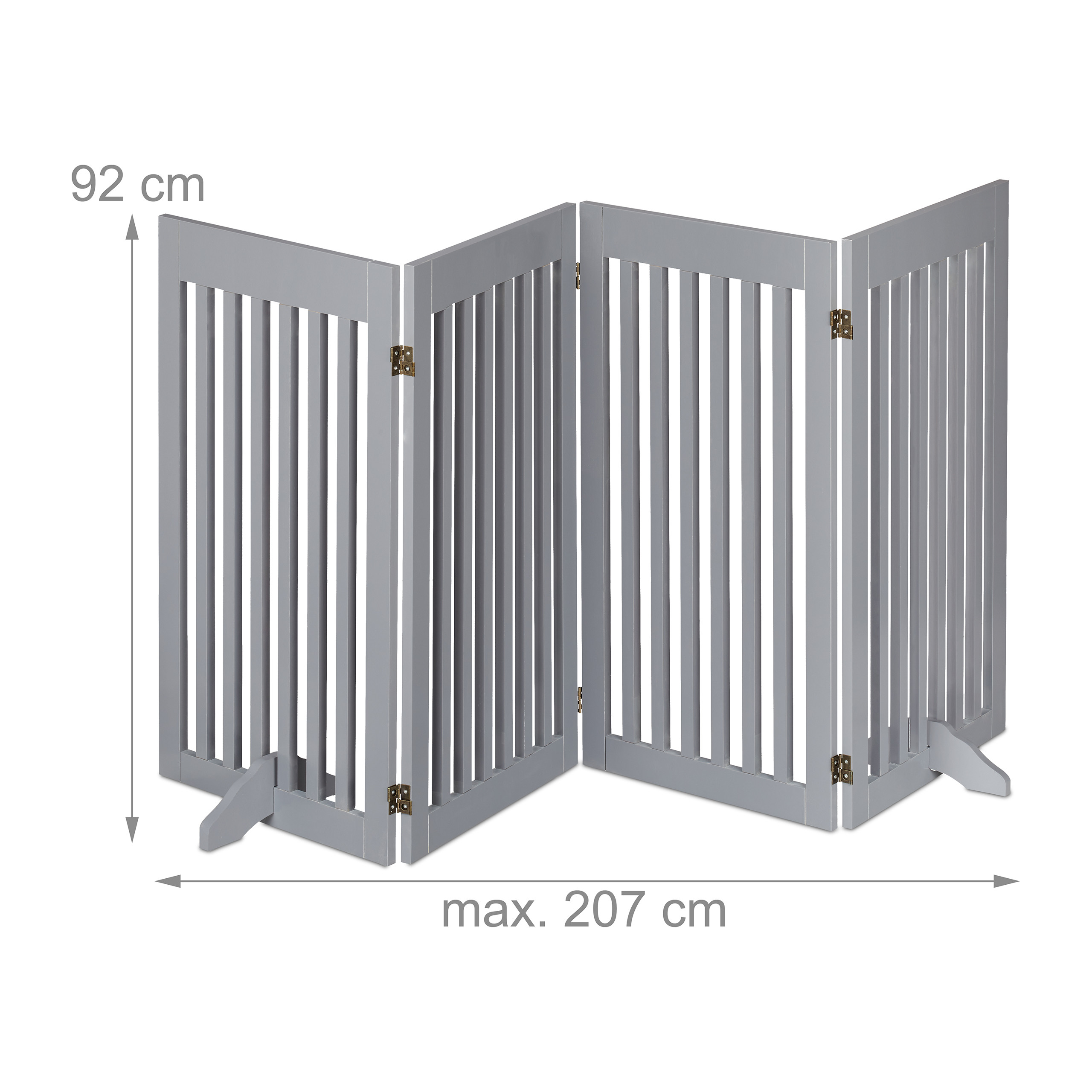 Graues vierteiliges Holzschutzgitter mit Scharnieren, 92 cm hoch und max. 207 cm breit.
