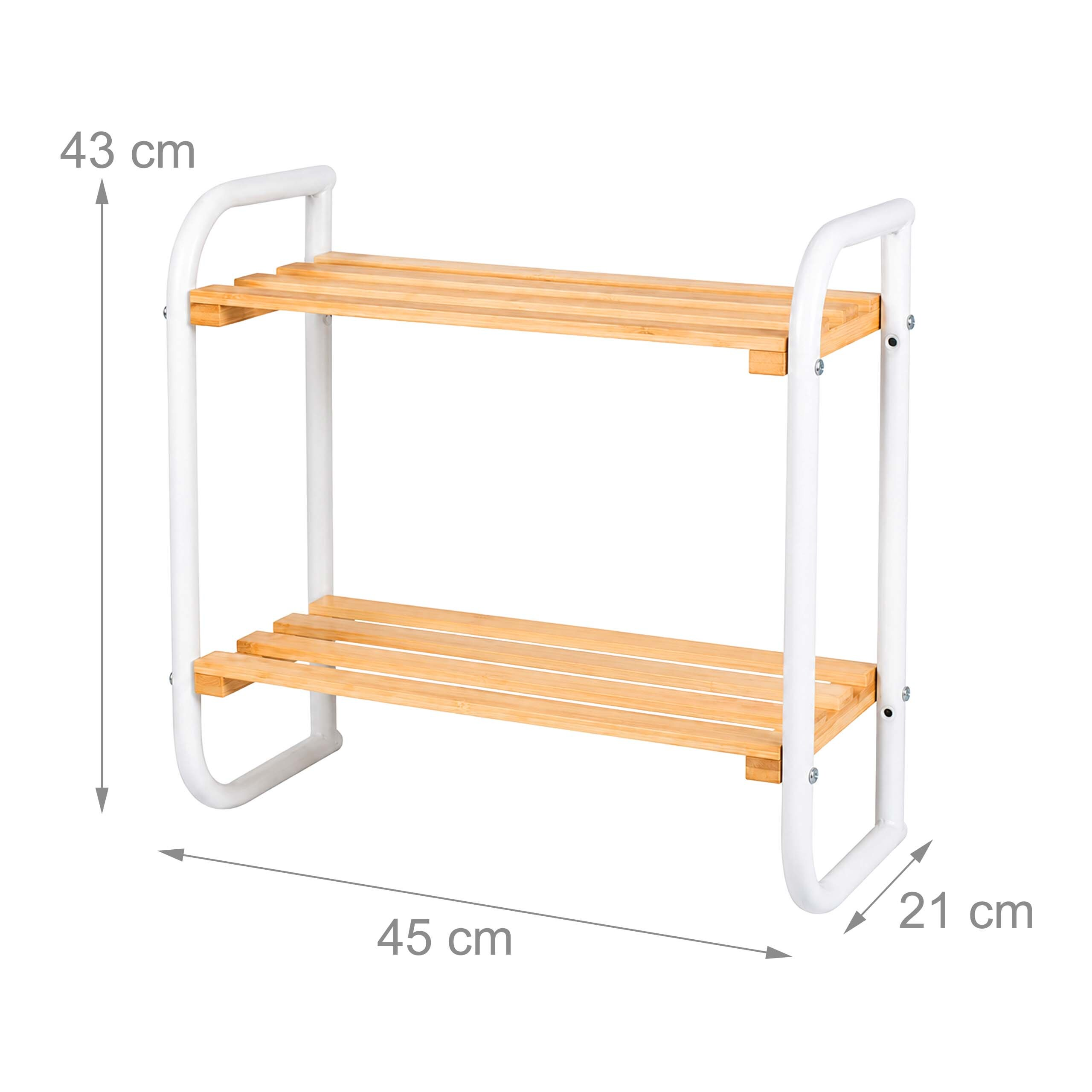 Ein kleiner Holzregal mit weißem Metallgestell und Abmessungen von 43 cm Höhe, 45 cm Breite und 21 cm Tiefe.