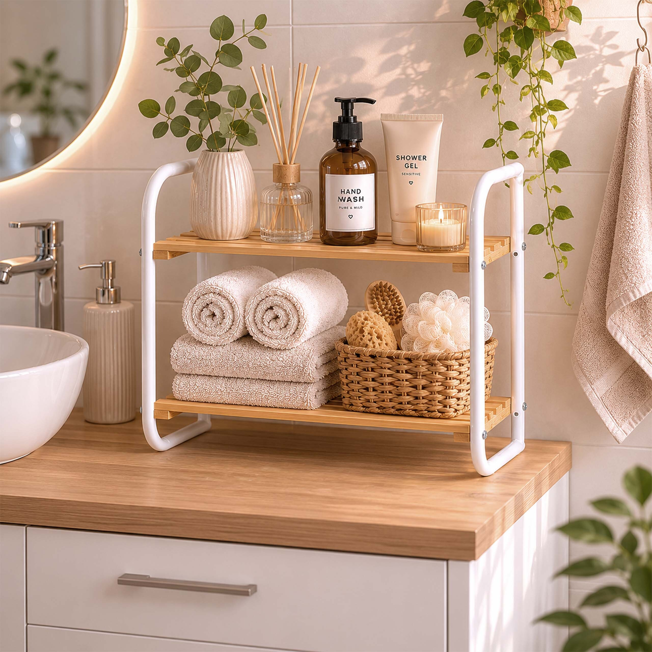 Badezimmerregal auf Holzplatte mit Handtüchern, Flaschen und Pflanzen.