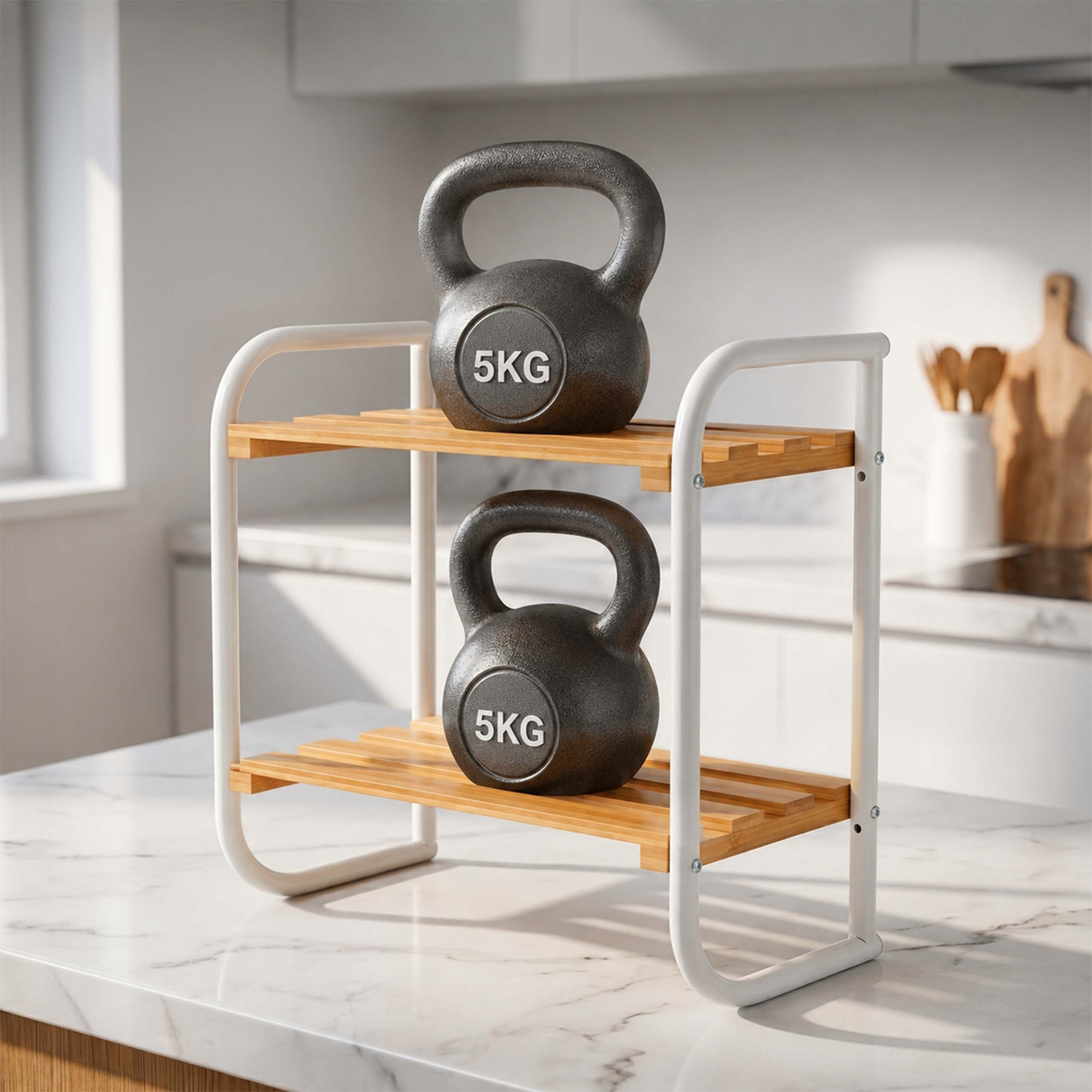 Zwei 5kg-Kugelhanteln auf einem zweistöckigen Holzregal mit weißem Metallgestell in einer Küche.