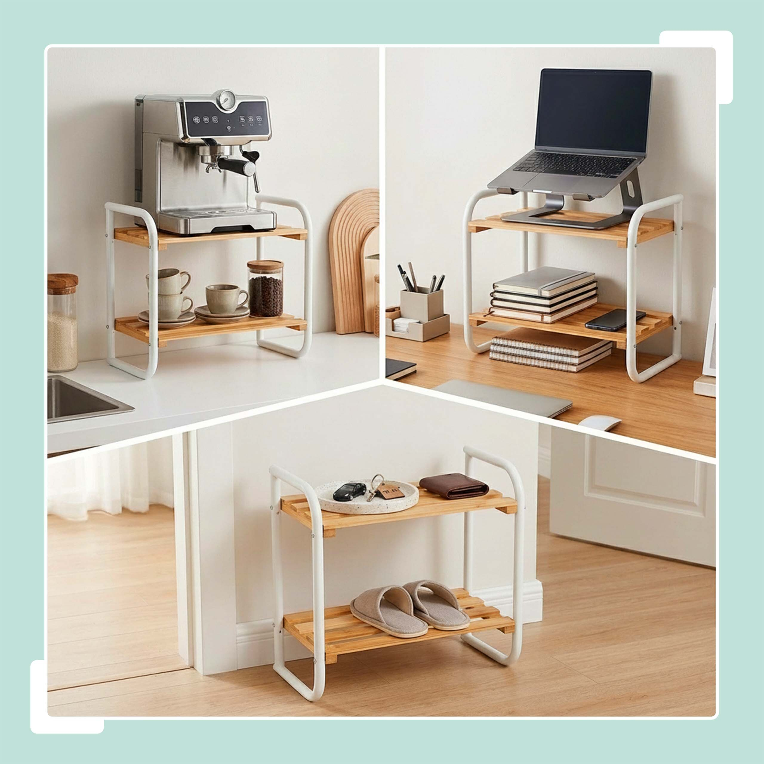 Ein kleines weißes Holzregal mit zwei Ebenen, das in Küche, Büro und Flur vielseitig genutzt werden kann.