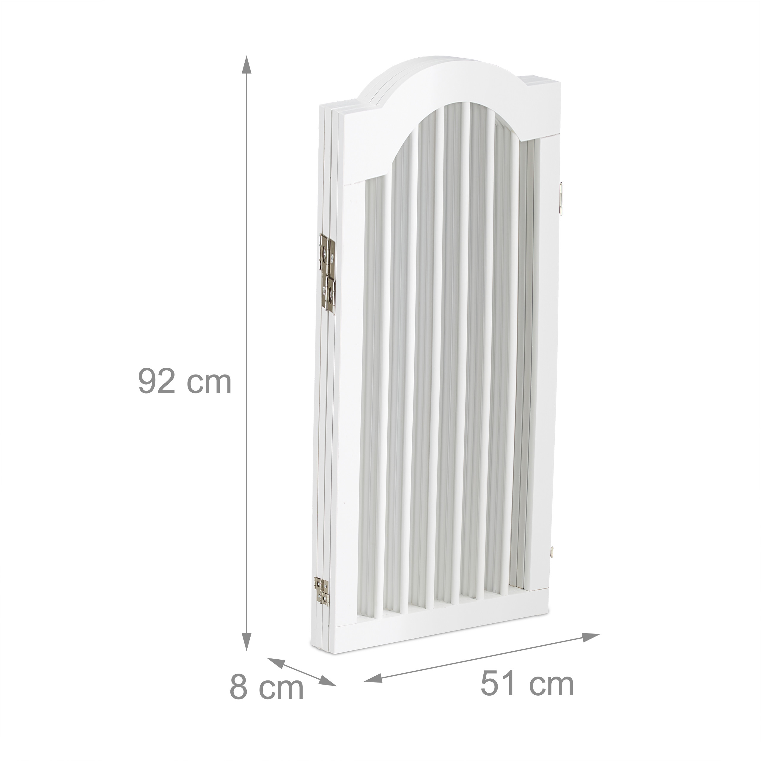 Faltbares weißes Holzgitter mit Abmessungen von 92 cm Höhe, 51 cm Breite und 8 cm Tiefe.