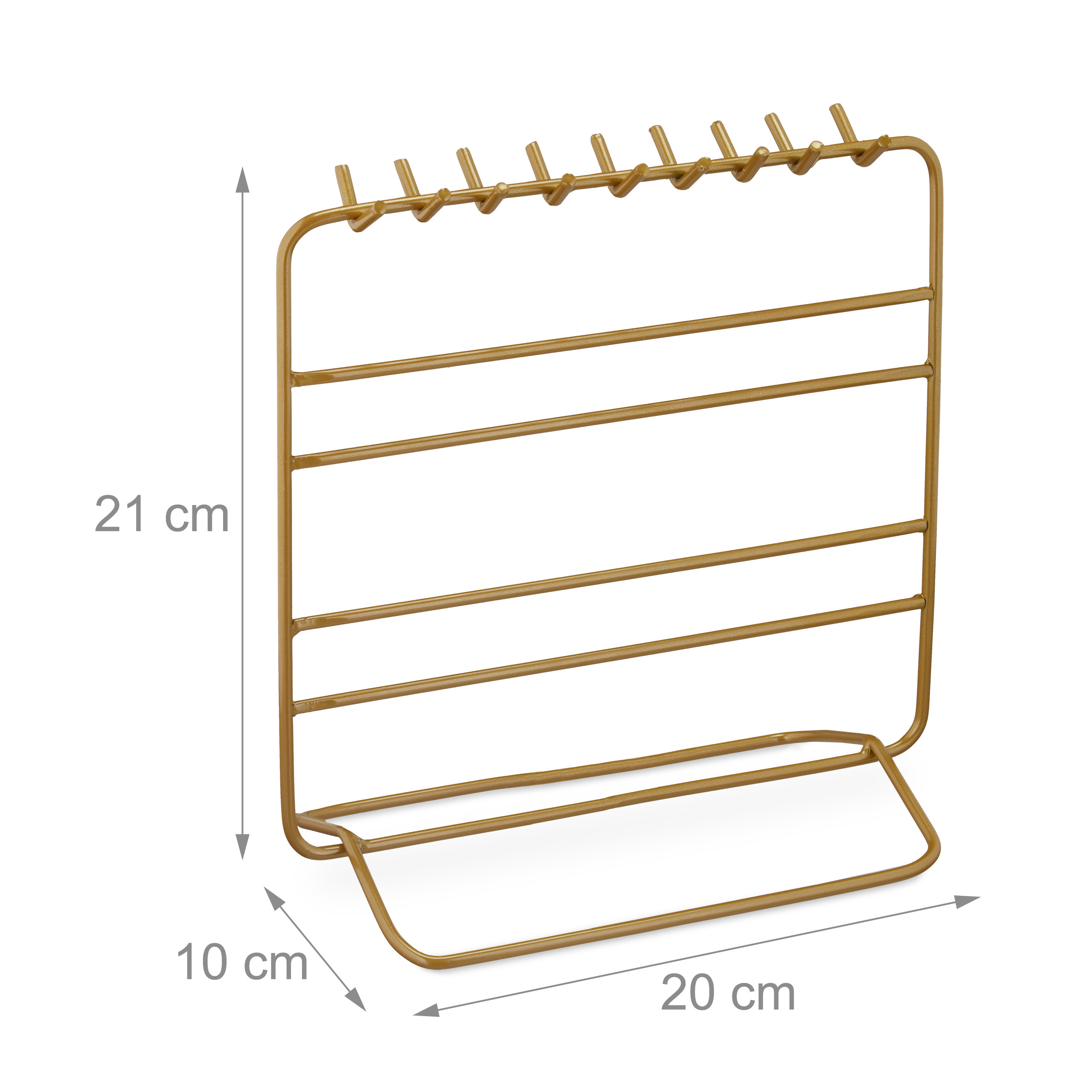 Goldfarbener Metallschmuckhalter mit Maßen von 21 cm Höhe, 20 cm Breite und 10 cm Tiefe.