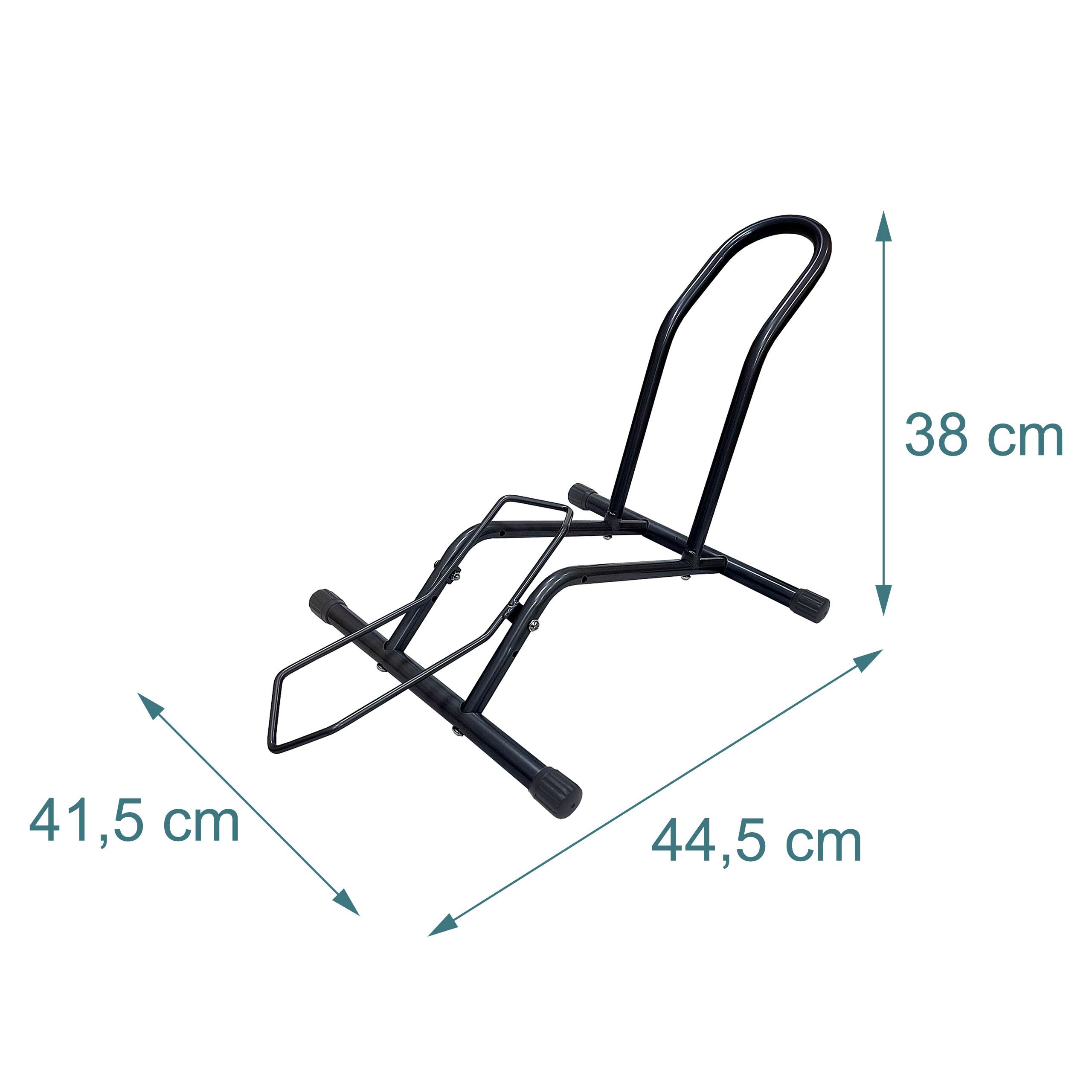 Schwarzer Fahrradständer aus Metall mit Maßangaben: 38 cm Höhe, 41,5 cm Breite und 44,5 cm Länge.