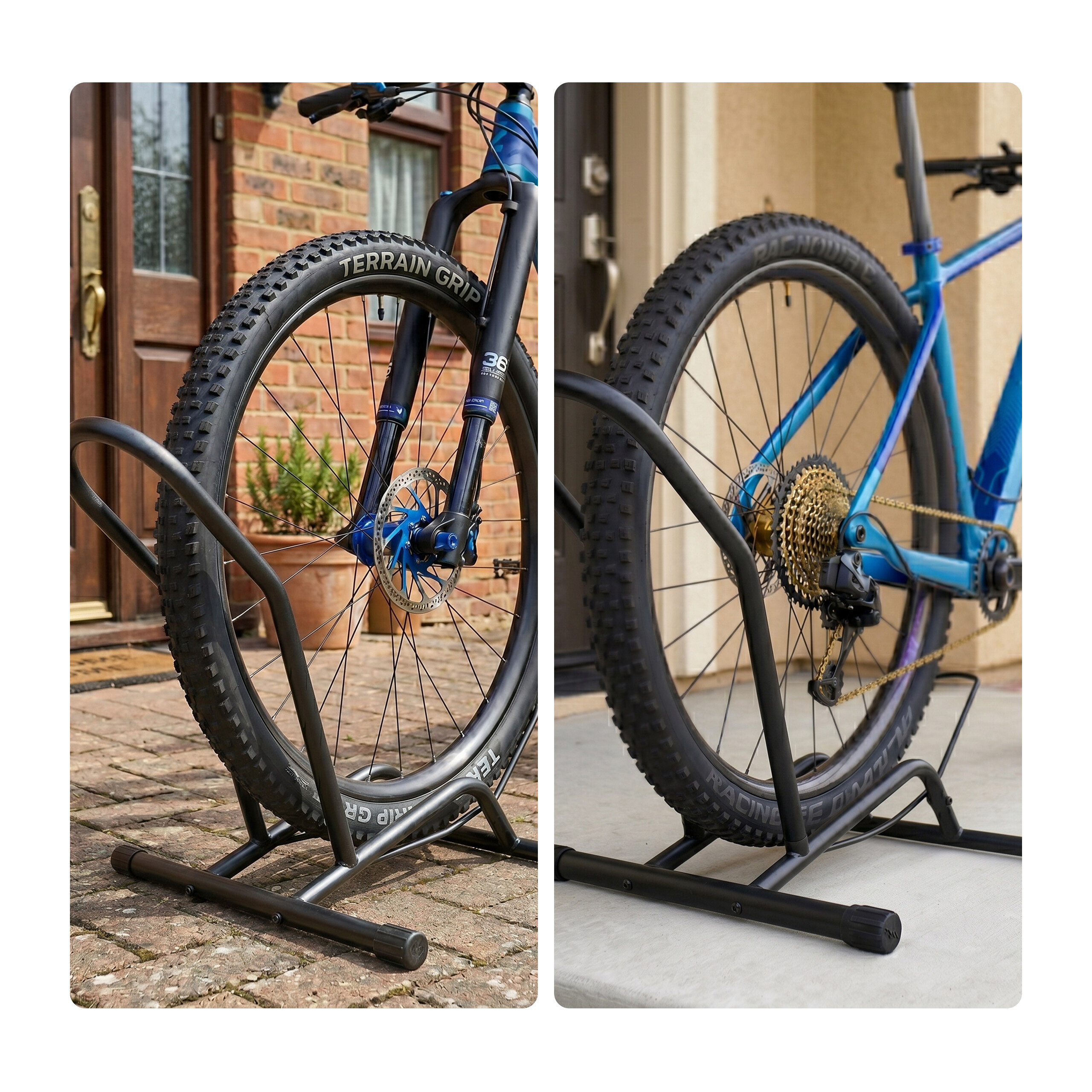 Zwei Ansichten von Mountainbikes, die sicher in schwarzen Metall-Bodenständern stehen.
