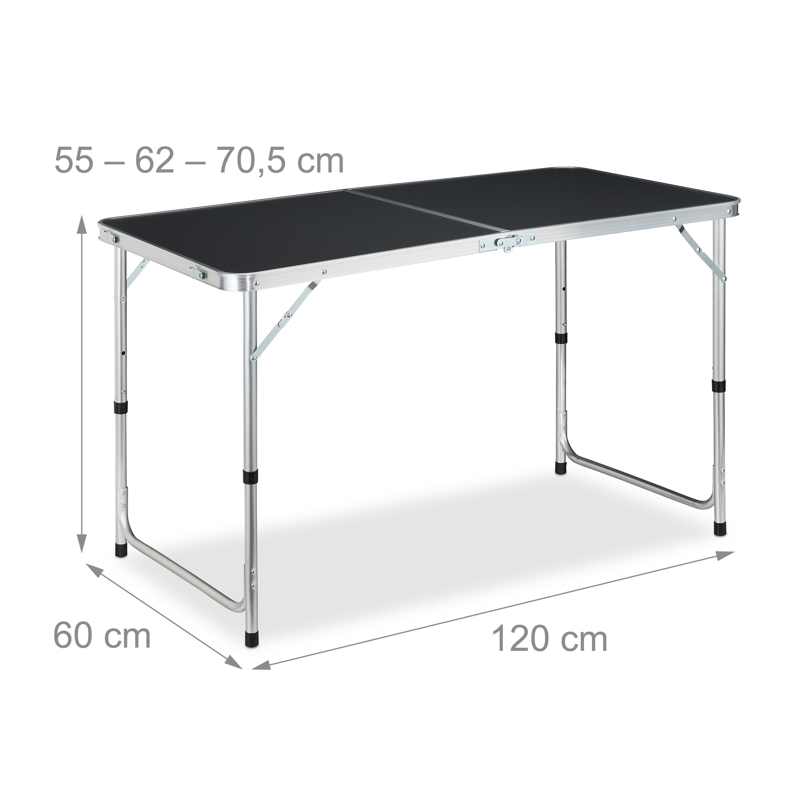 Ein rechteckiger, zusammenklappbarer Campingtisch mit schwarzer Platte und Aluminiumgestell, Maße 120x60 cm.