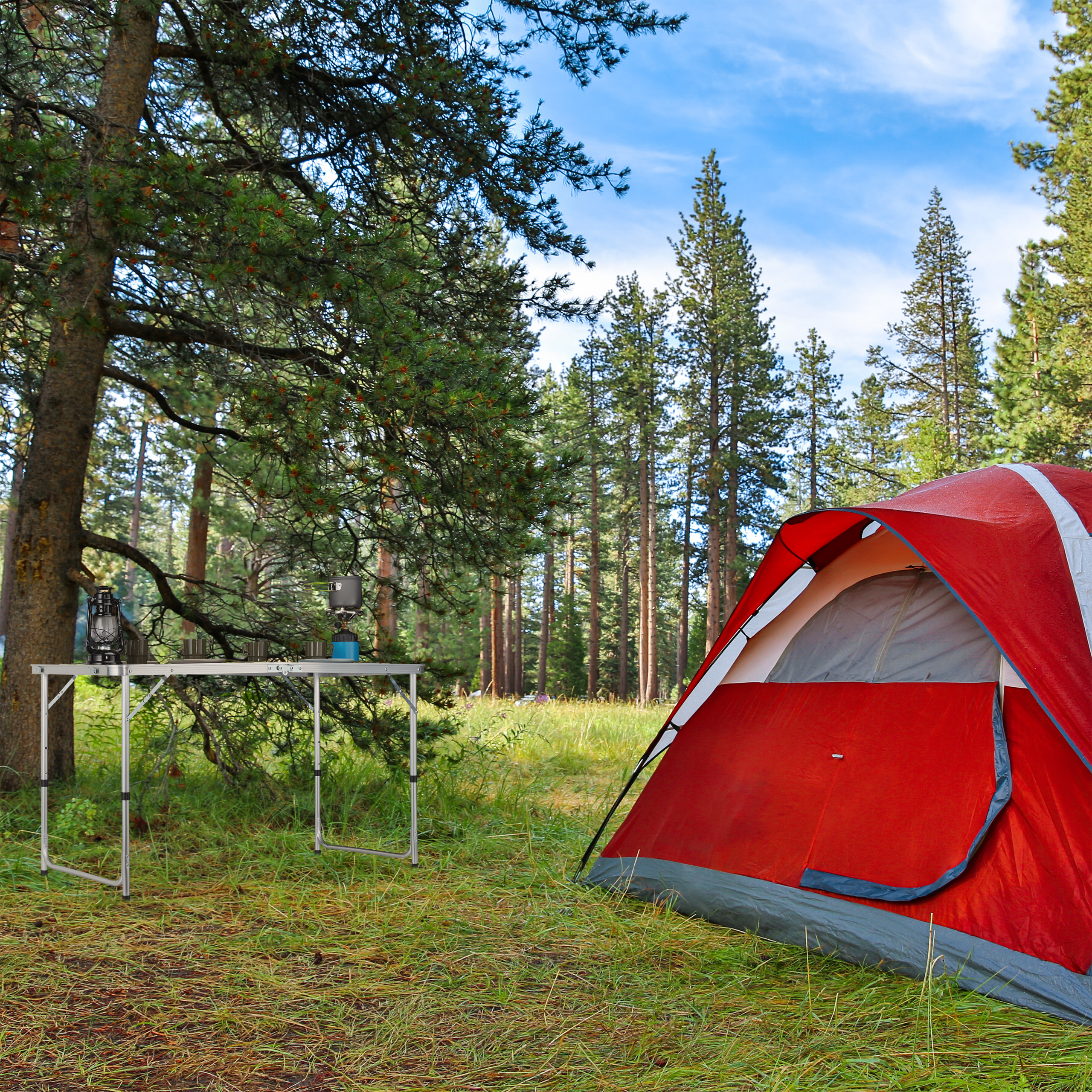 Ein rot-weißes Zelt steht auf einer Wiese mit hohen Kiefern, einem Klapptisch und Campingausrüstung unter einem Baum.