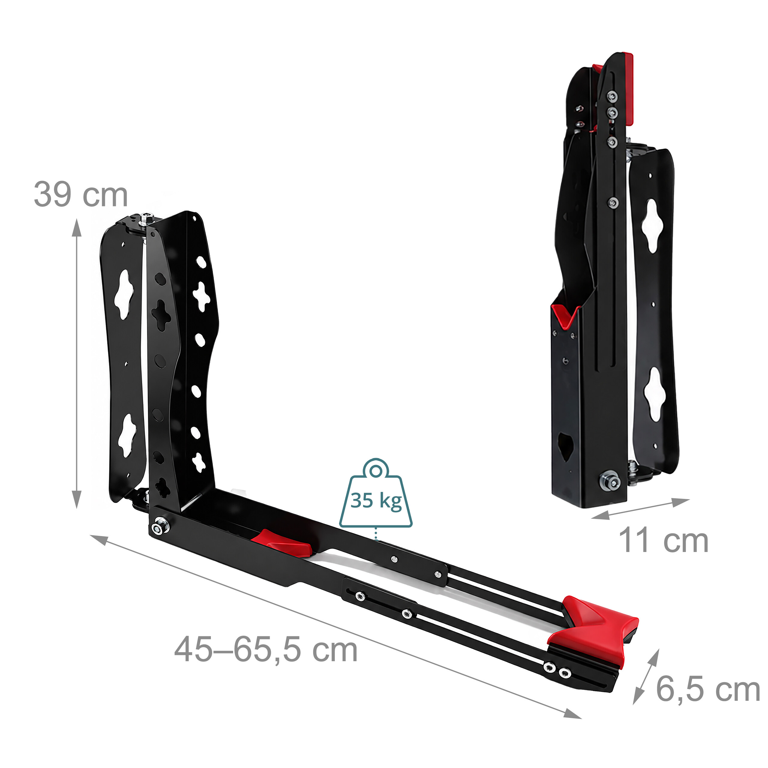 Schwarze, faltbare Fahrrad-Wandhalterung mit roten Details und Maßangaben für Last und Größe.