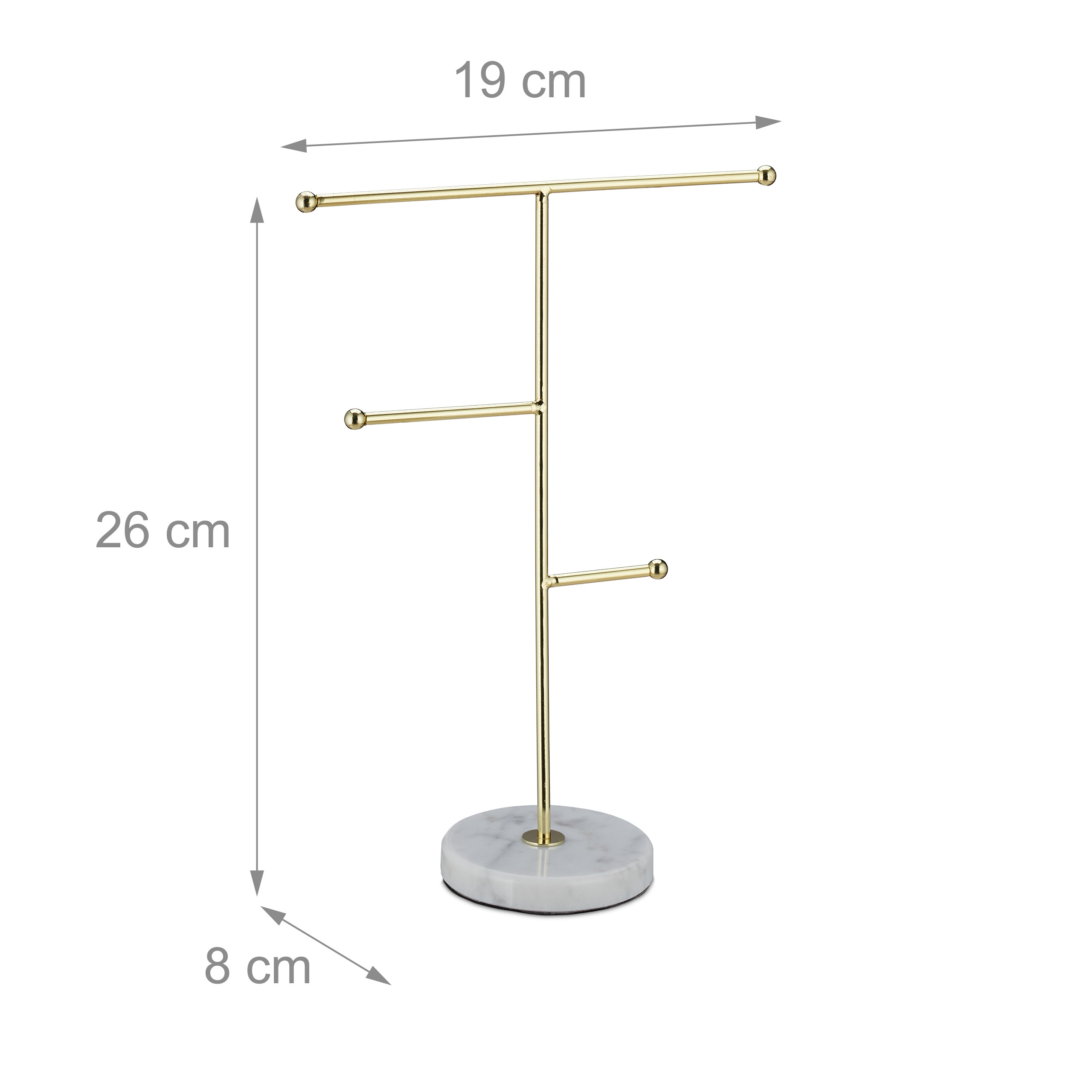 Goldener Schmuckständer mit drei Ebenen und Marmorfuß, mit Ma ßen 19 cm, 26 cm und 8 cm.