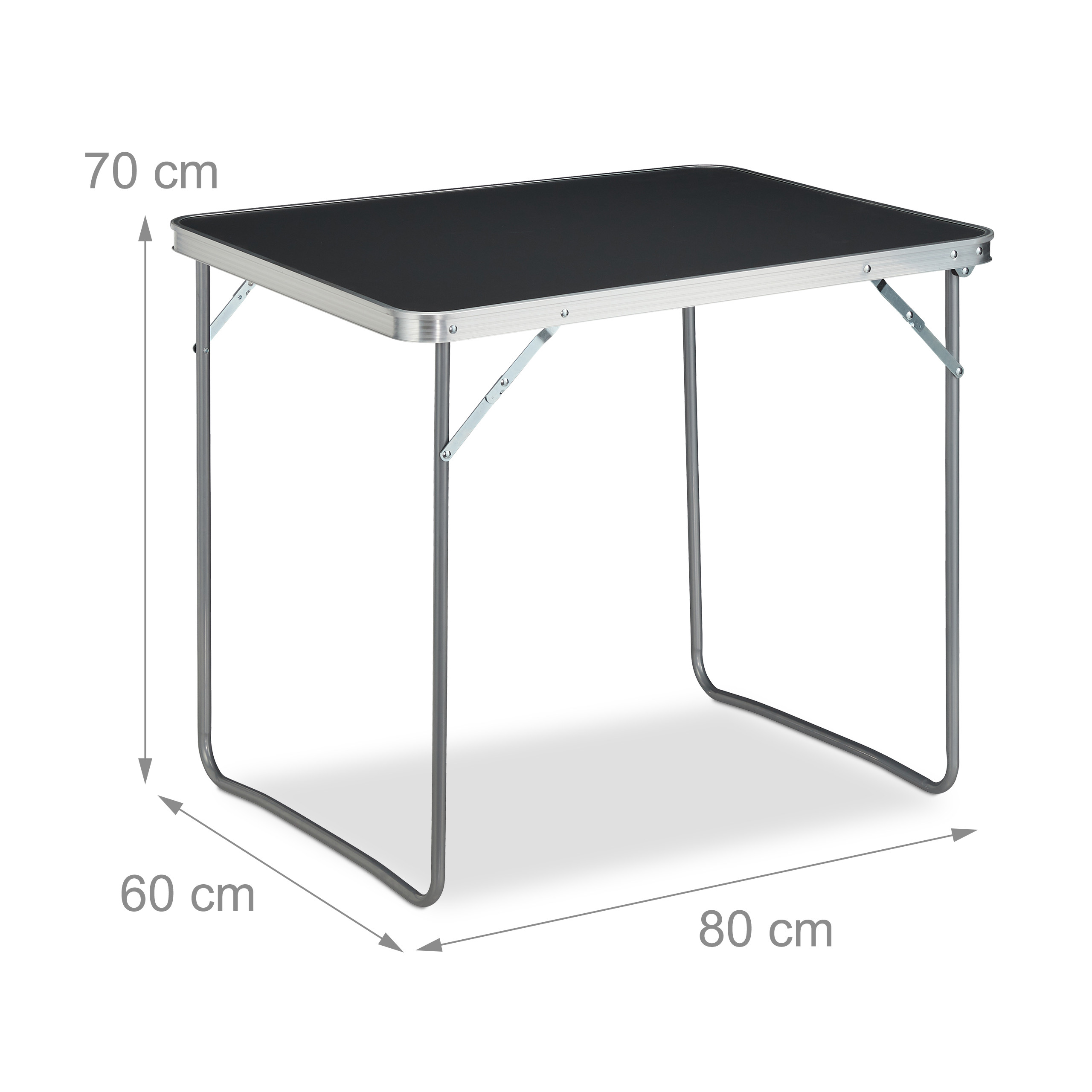 Ein tragbarer Klapptisch mit schwarzer Platte und silbernem Metallrahmen, Maße 80x60x70 cm.