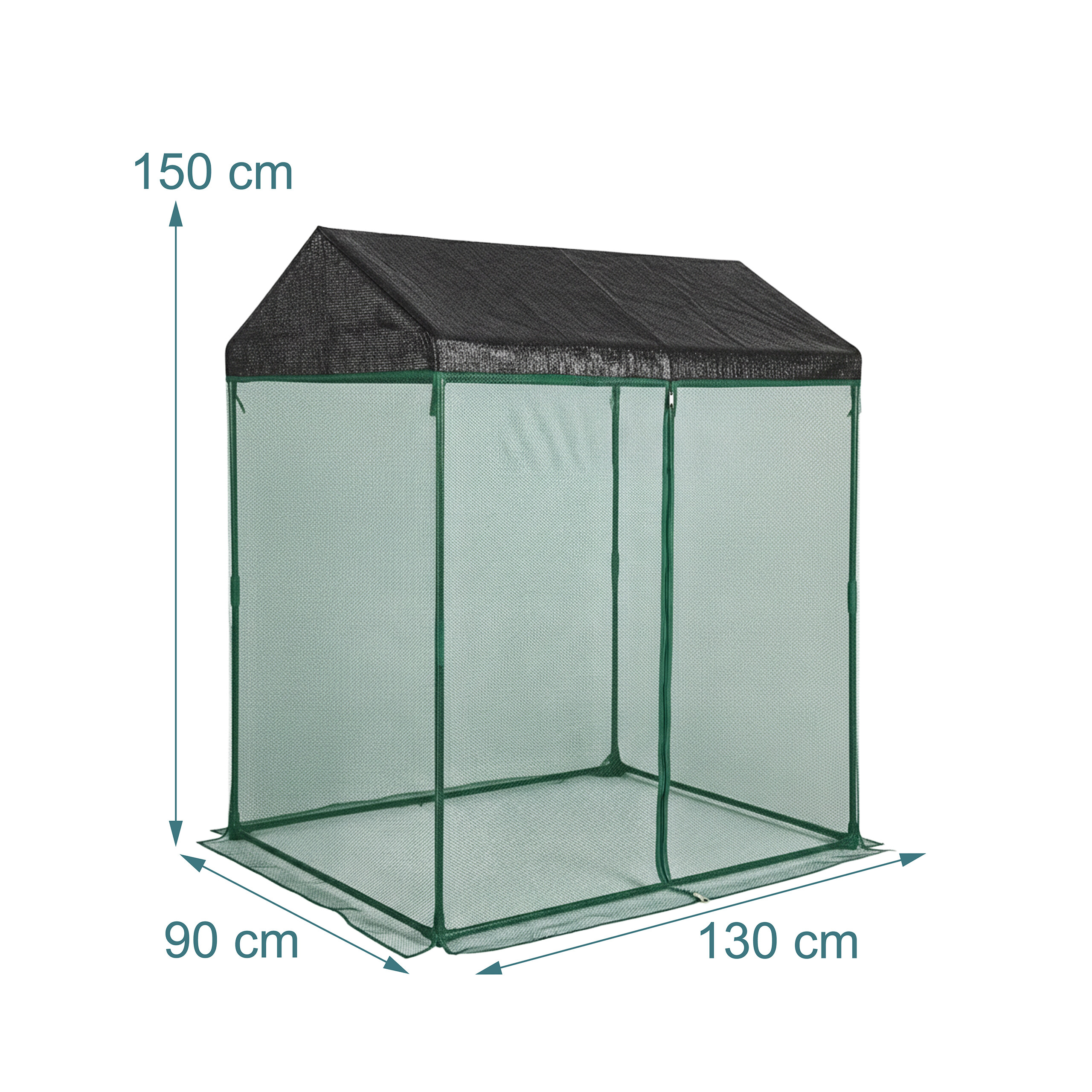Grünes Tomatengewächshaus mit Maßen von 130x90x150 cm und schwarzem Dach auf weißem Hintergrund.