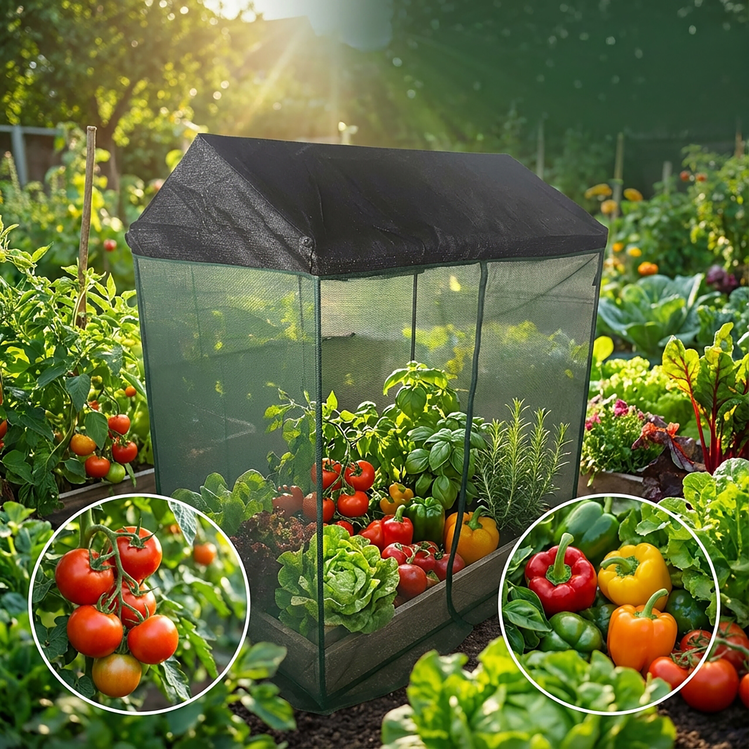 Ein kleines Gewächshaus mit Gemüse im Garten, flankiert von runden Ausschnitten mit Tomaten und Paprika.