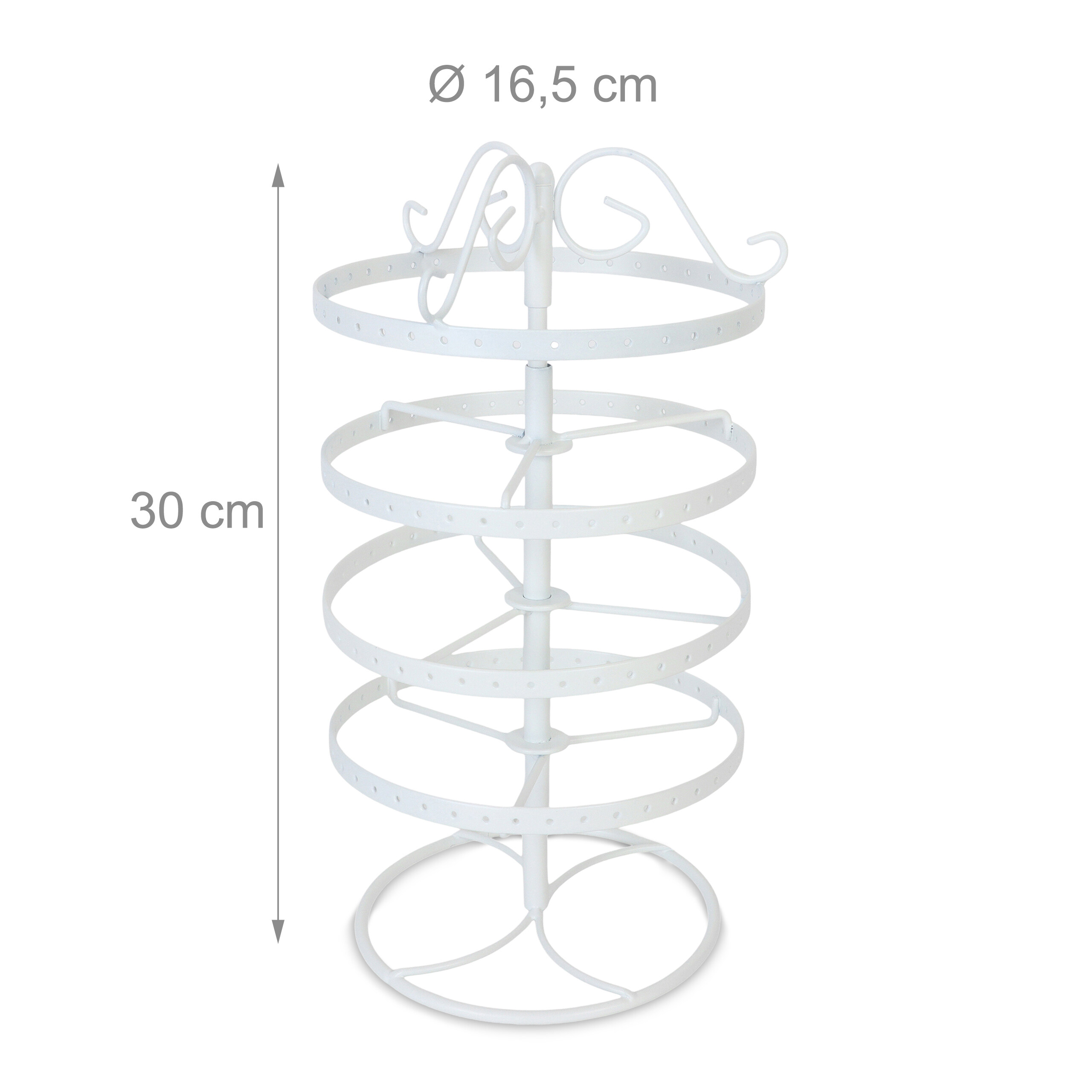 Weißer Metall-Schmuckständer mit vier runden Ebenen, 30 cm Höhe, 16,5 cm Durchmesser.