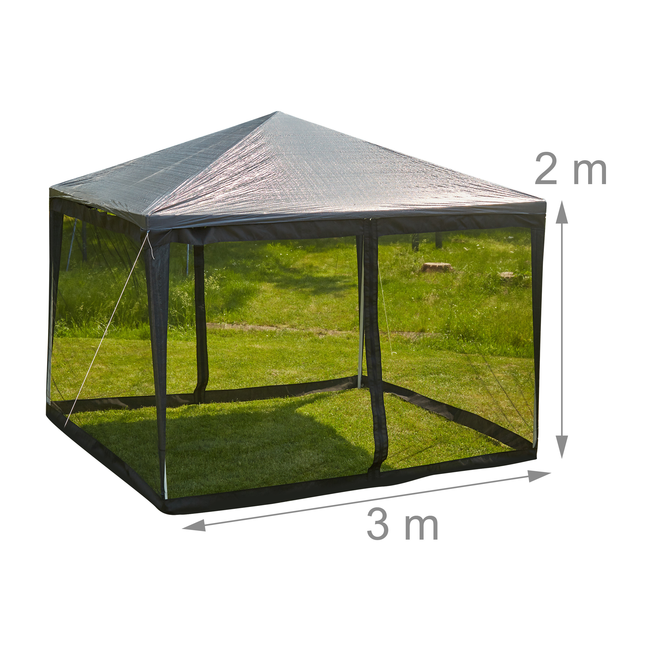 Ein schwarzer Pavillon mit 3m x 2m steht auf grünem Rasen vor weißem Hintergrund.
