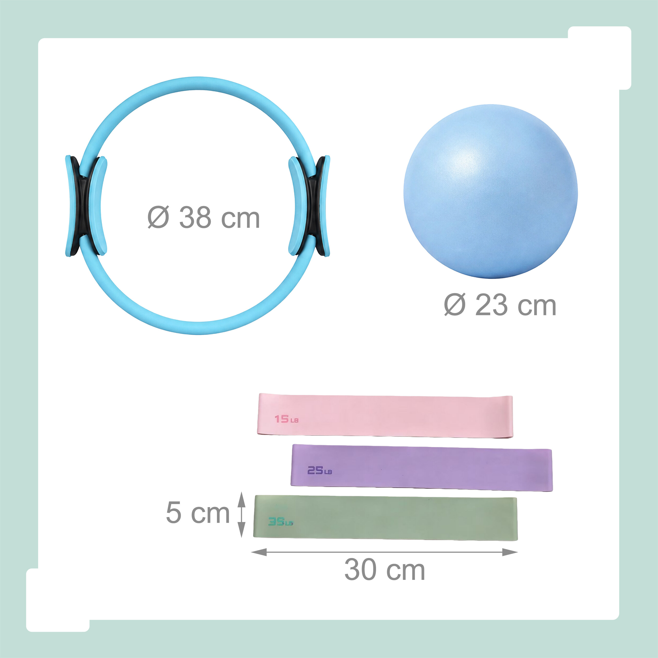 Fitnessset mit blauem Pilates-Ring 38 cm, blauem Ball 23 cm und drei bunten Widerstandsbändern 30x5 cm.