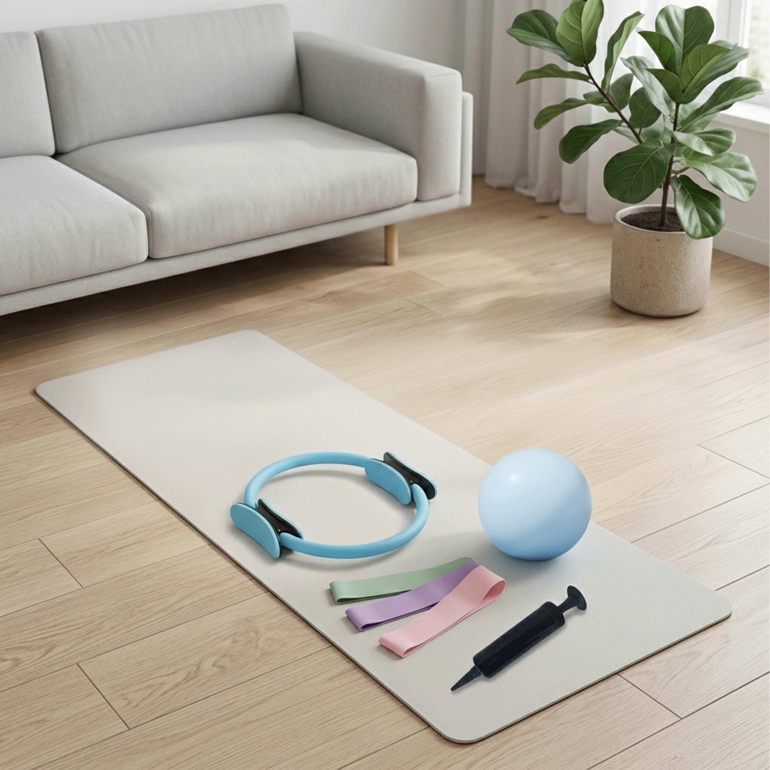 Fitnessgeräte auf einer Yogamatte vor einem Sofa in einem hellen Raum.