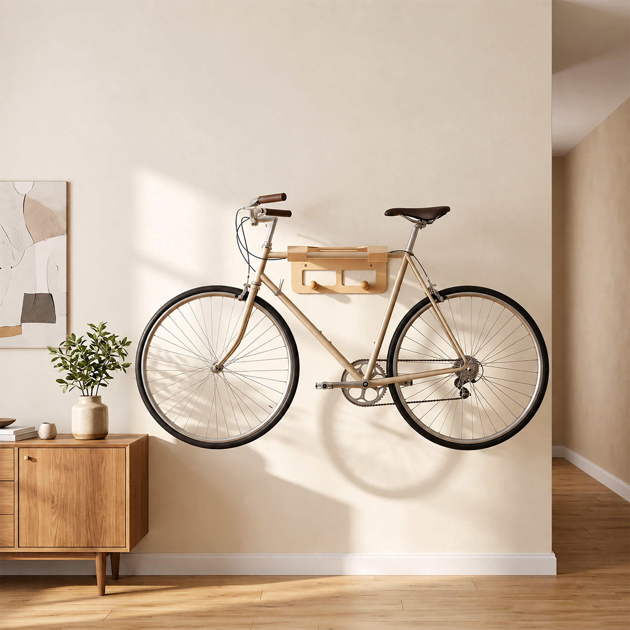 Ein beiges Fahrrad hängt an einer hellen Wand über einem Holzkasten mit Pflanze in einem minimalistischen Raum.
