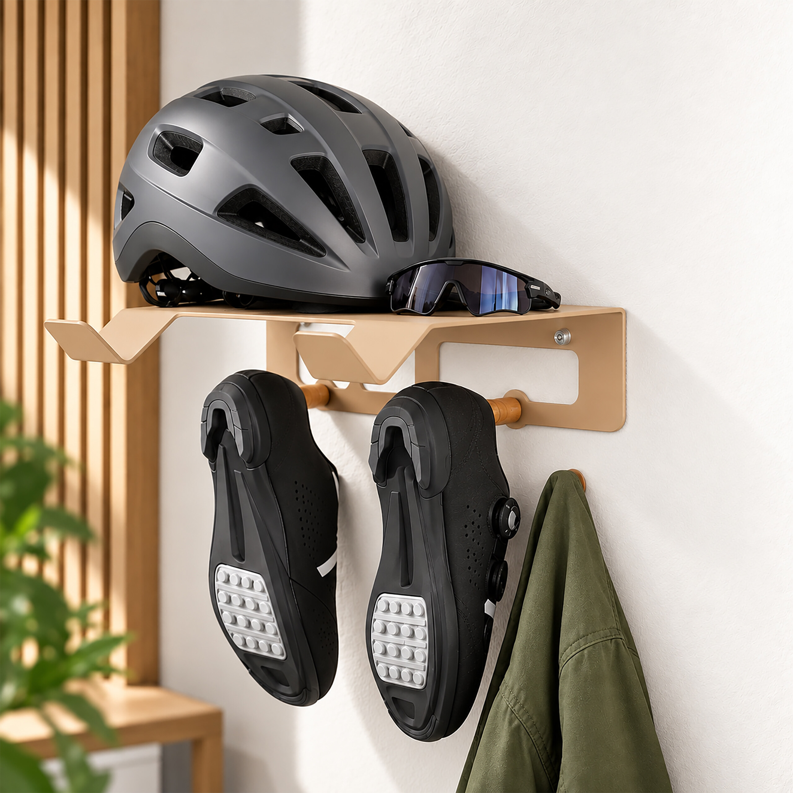 Ein grauer Fahrradhelm, Sonnenbrille und Schuhe an einer wandmontierten beige Halterung.