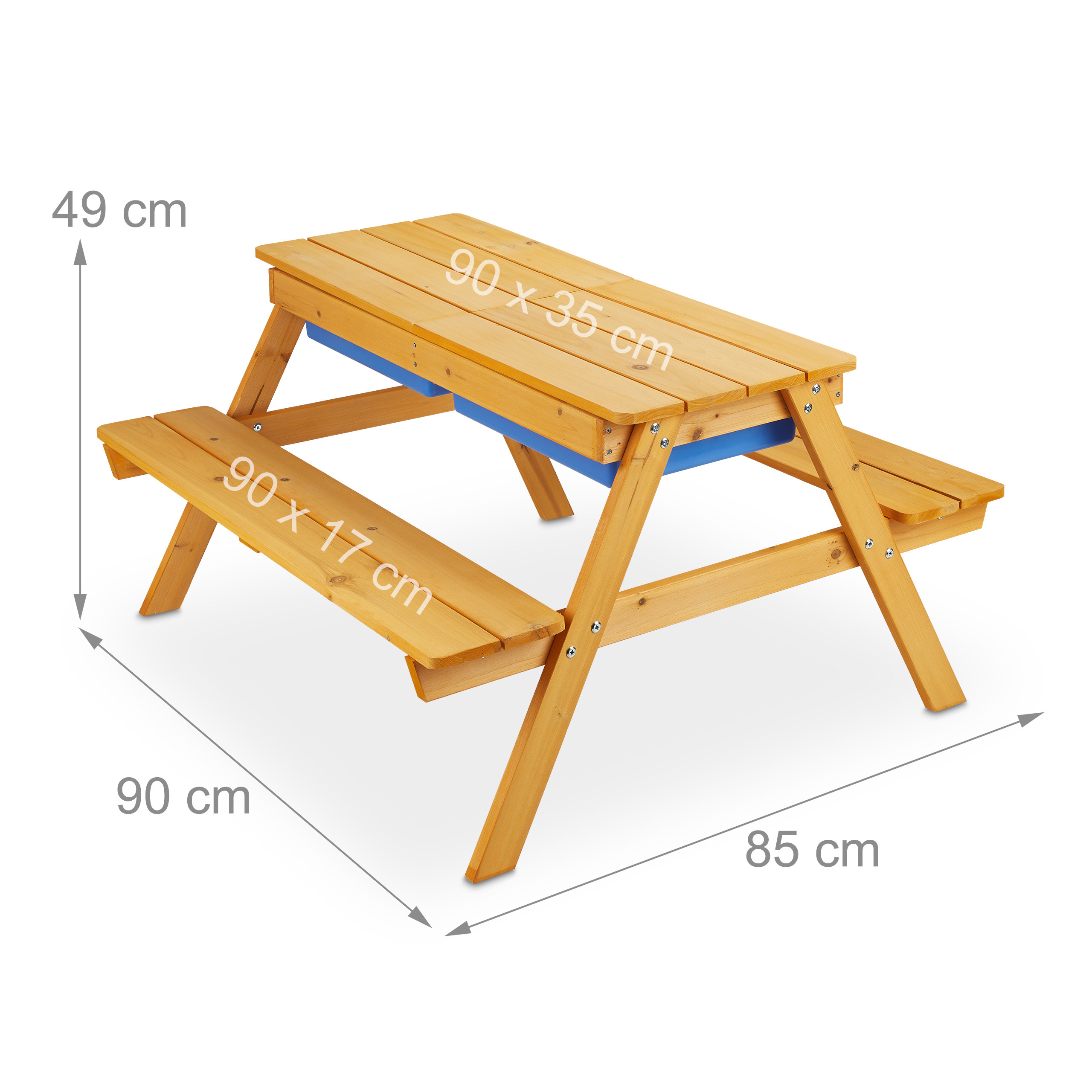 Kindersitzgruppe aus Holz mit Maßen und einem blauen Staufach darunter.