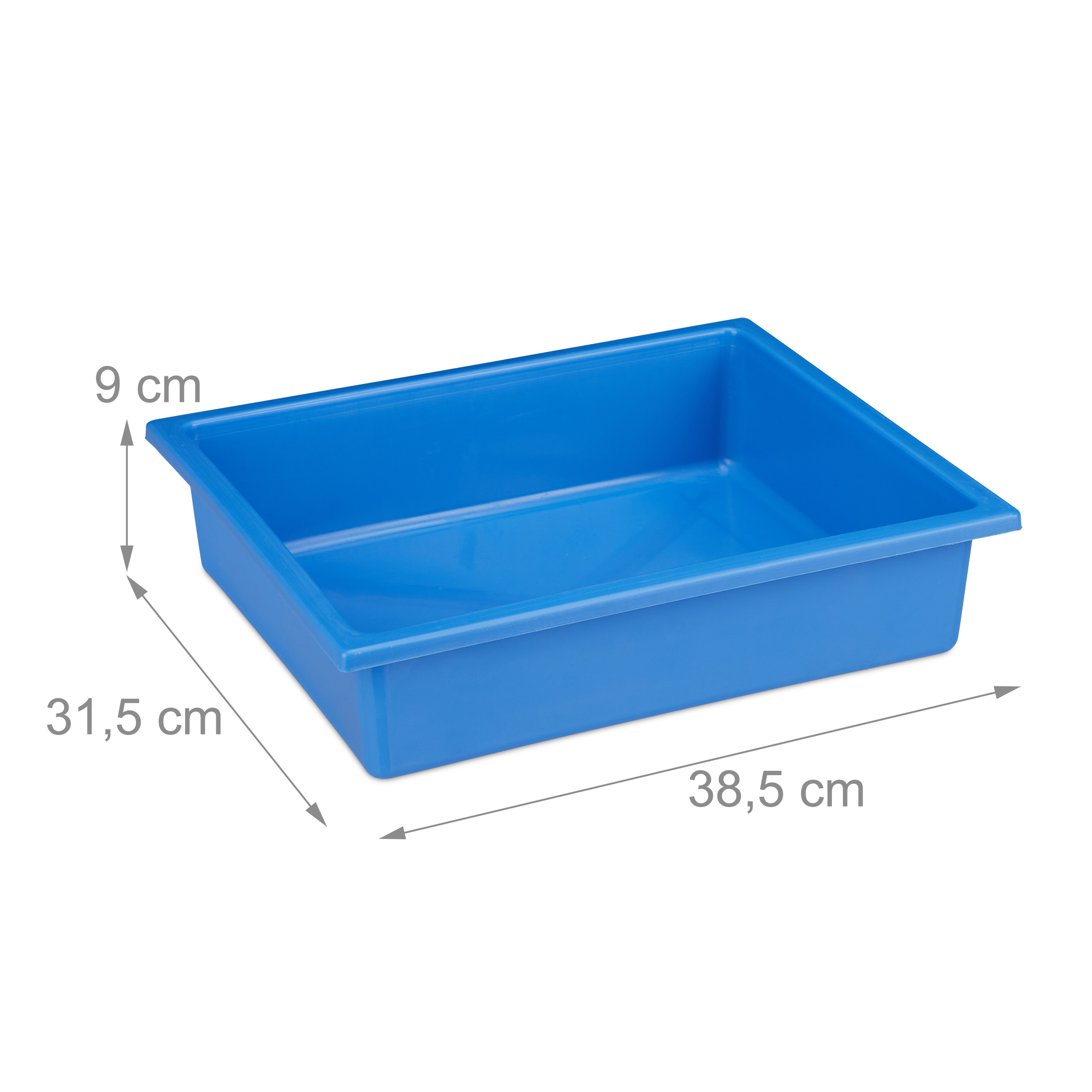 Blaue Plastikschale mit Maßen: 38,5 x 31,5 x 9 cm auf weißem Hintergrund.