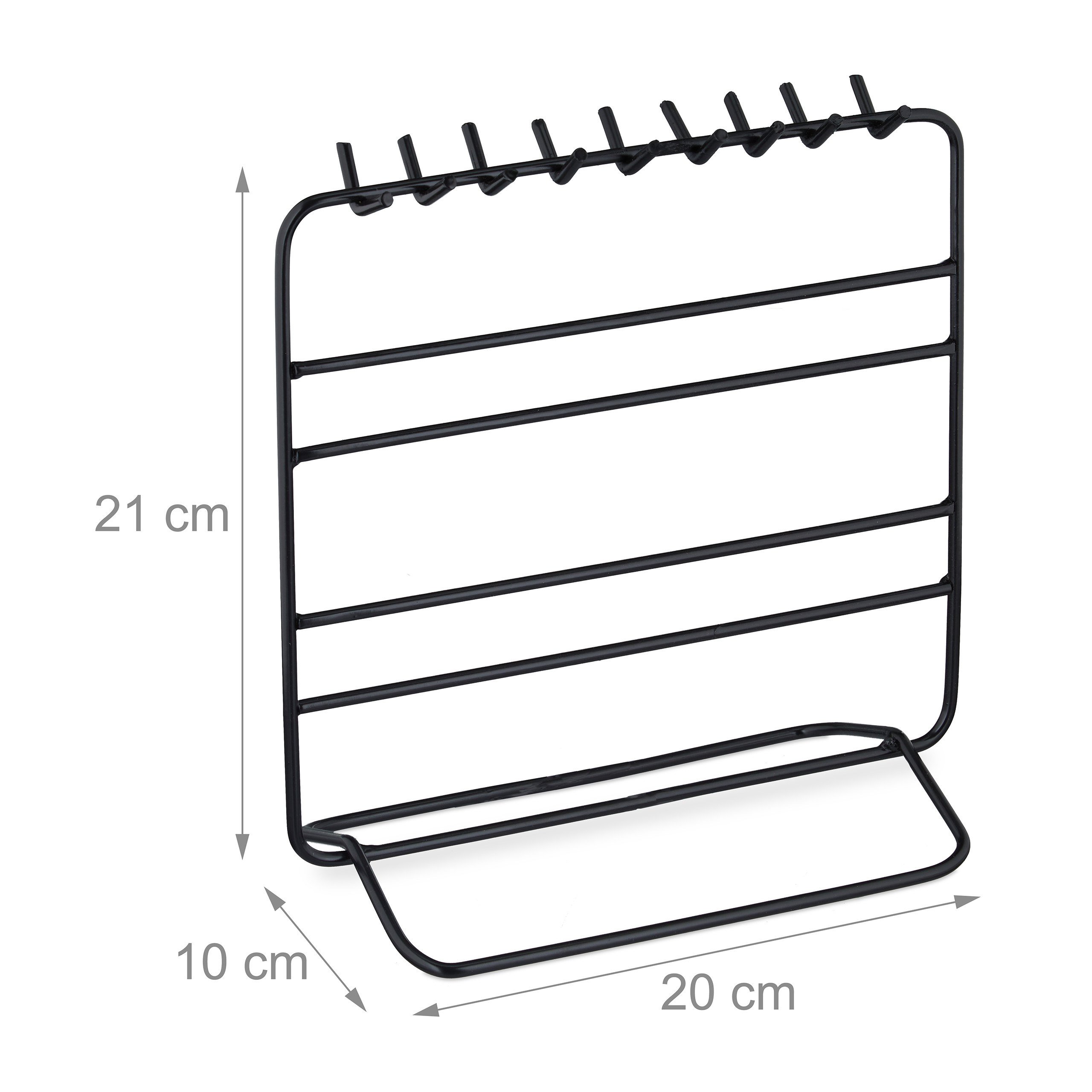Schwarzer Metall-Organizer mit Maßen: 21 cm Höhe, 20 cm Breite, 10 cm Tiefe.