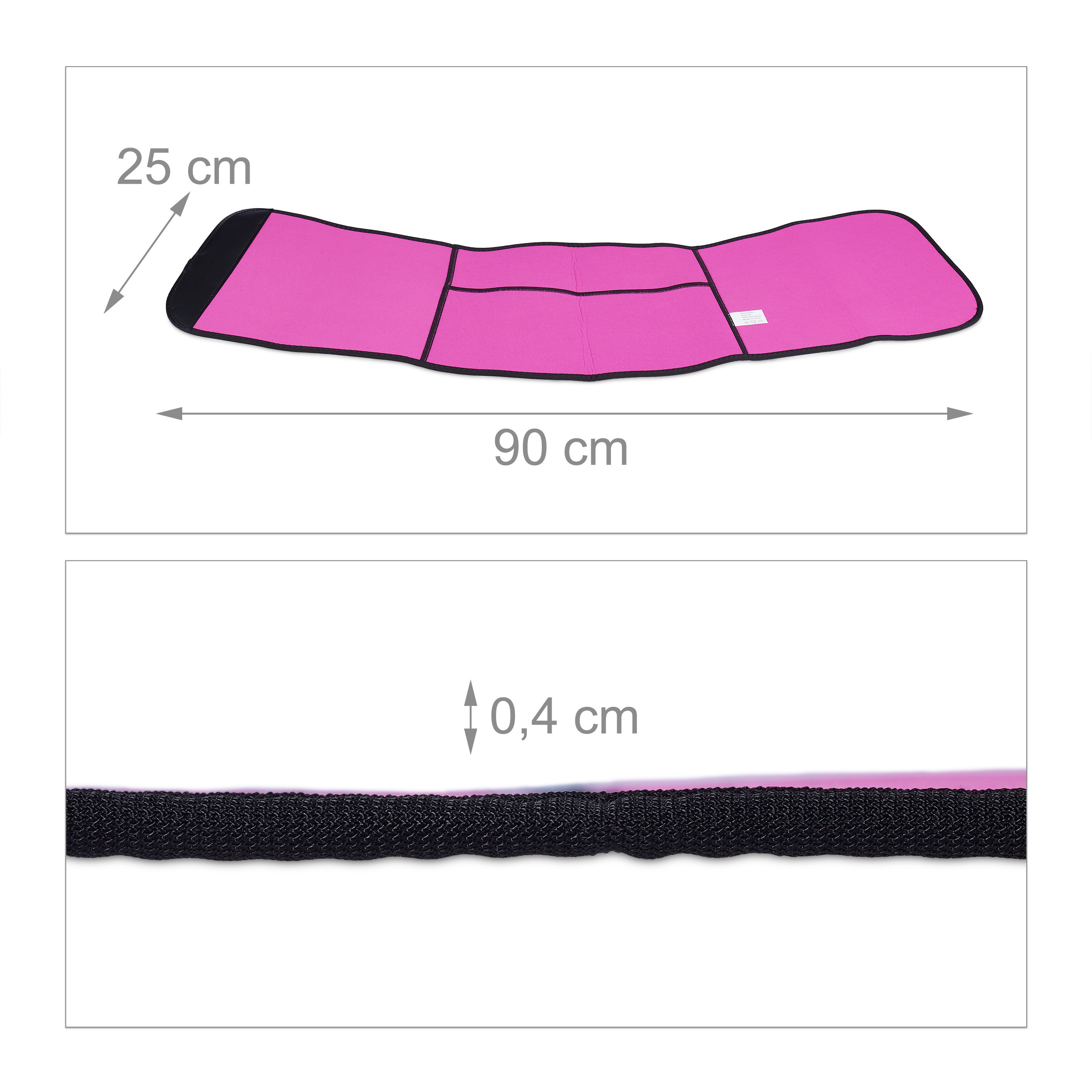 Pinkfarbener Taillengürtel mit Maßen von 90 cm Länge, 25 cm Breite und 0,4 cm Dicke.
