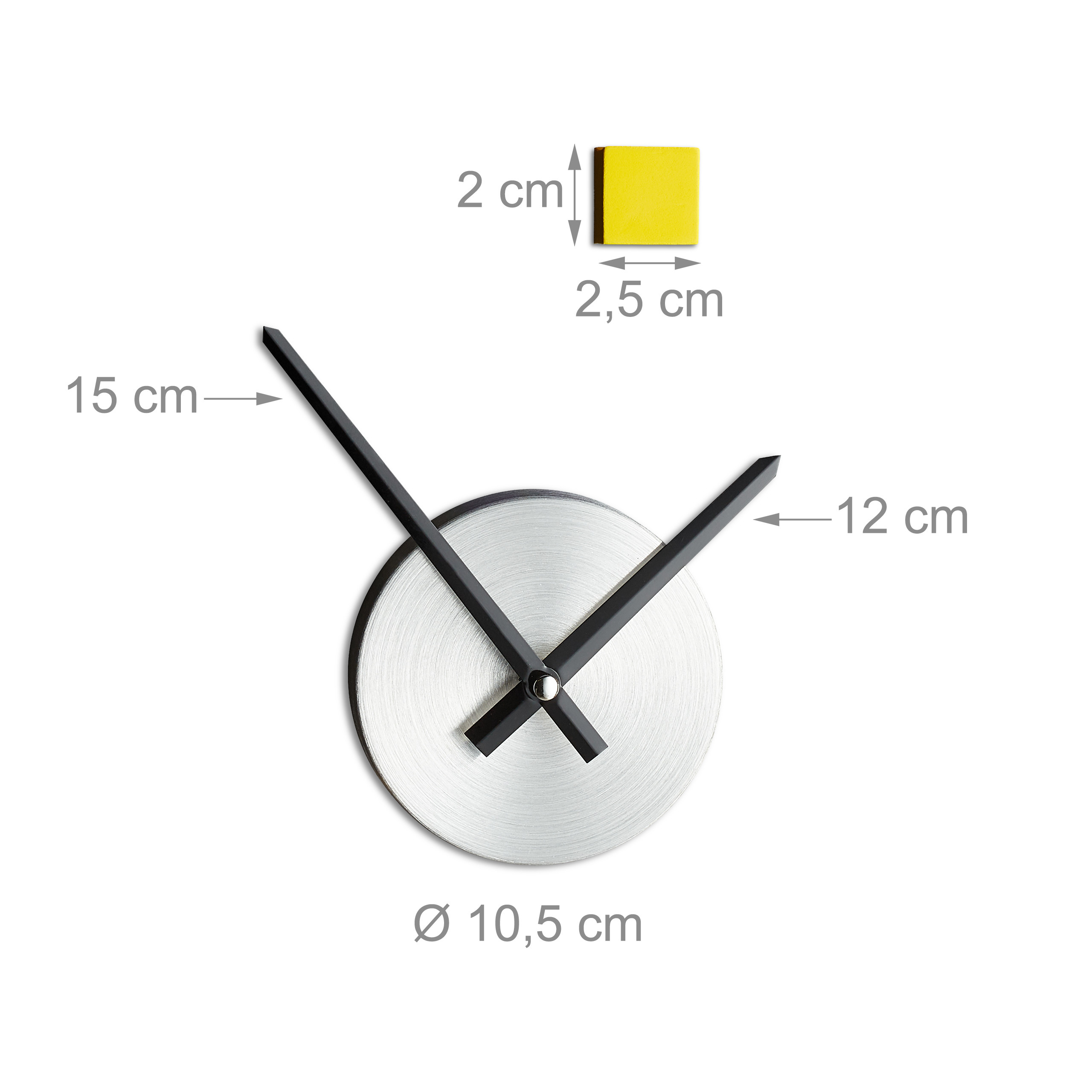 Technische Zeichnung einer Uhr mit Maßen, inklusive 10,5 cm Zifferblatt und schwarzen Zeigern.