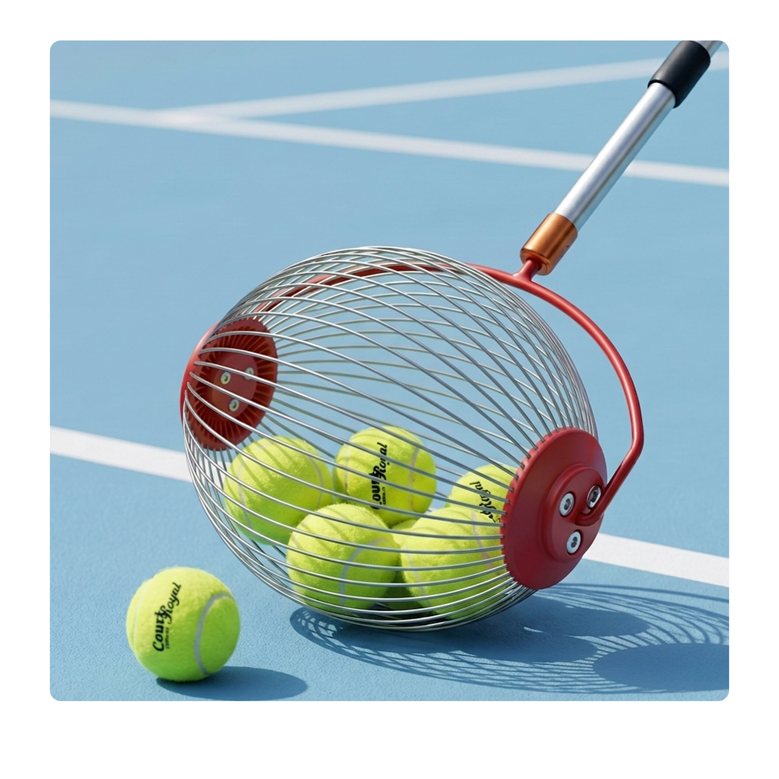 Ein rot-silberner Ballsammler voller gelber Tennisbälle auf einem blauen Platz mit weißen Linien und einem Ball außen.