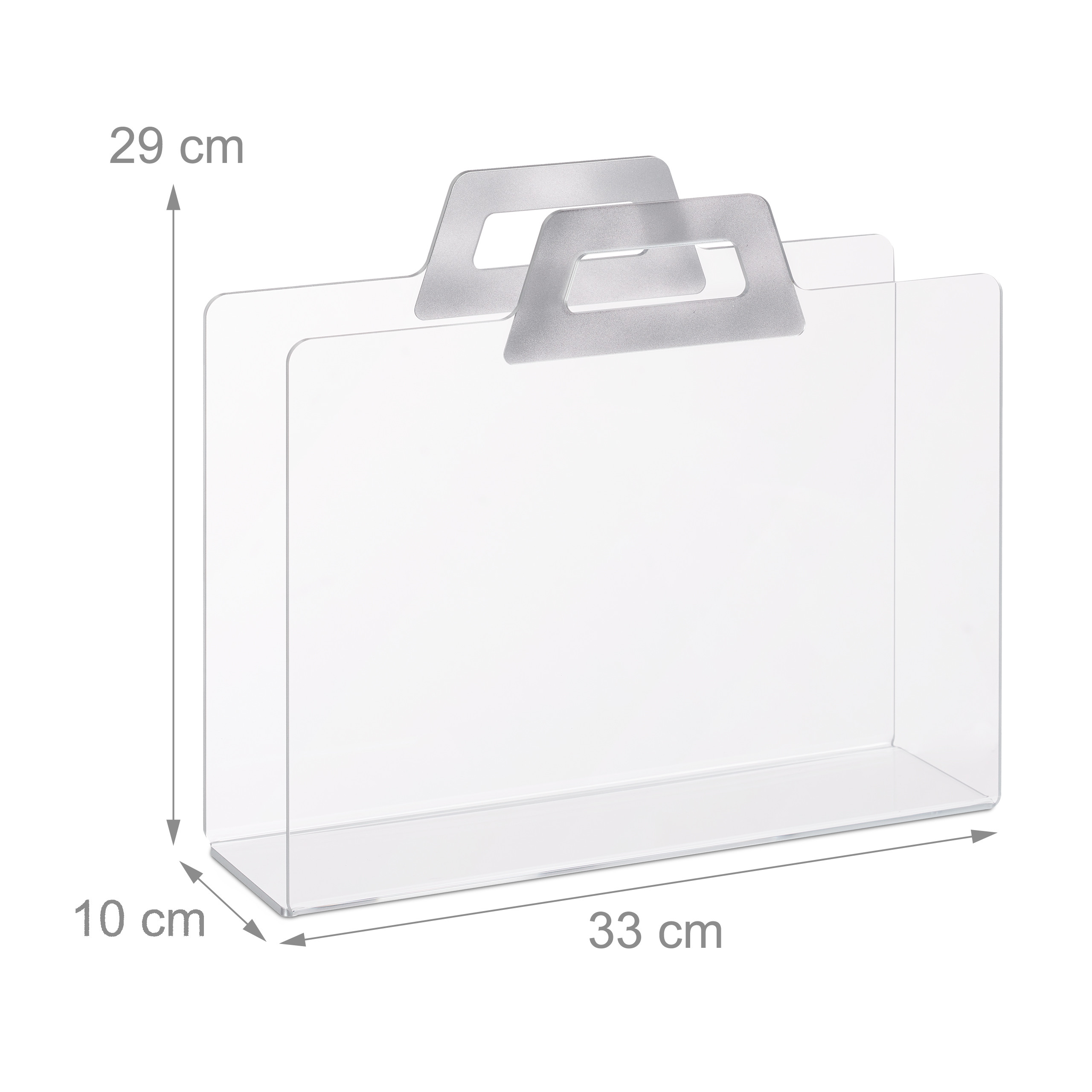 Ein klarer Acryl-Zeitschriftenhalter mit Silbergriffen, 33 cm breit, 10 cm tief und 29 cm hoch.