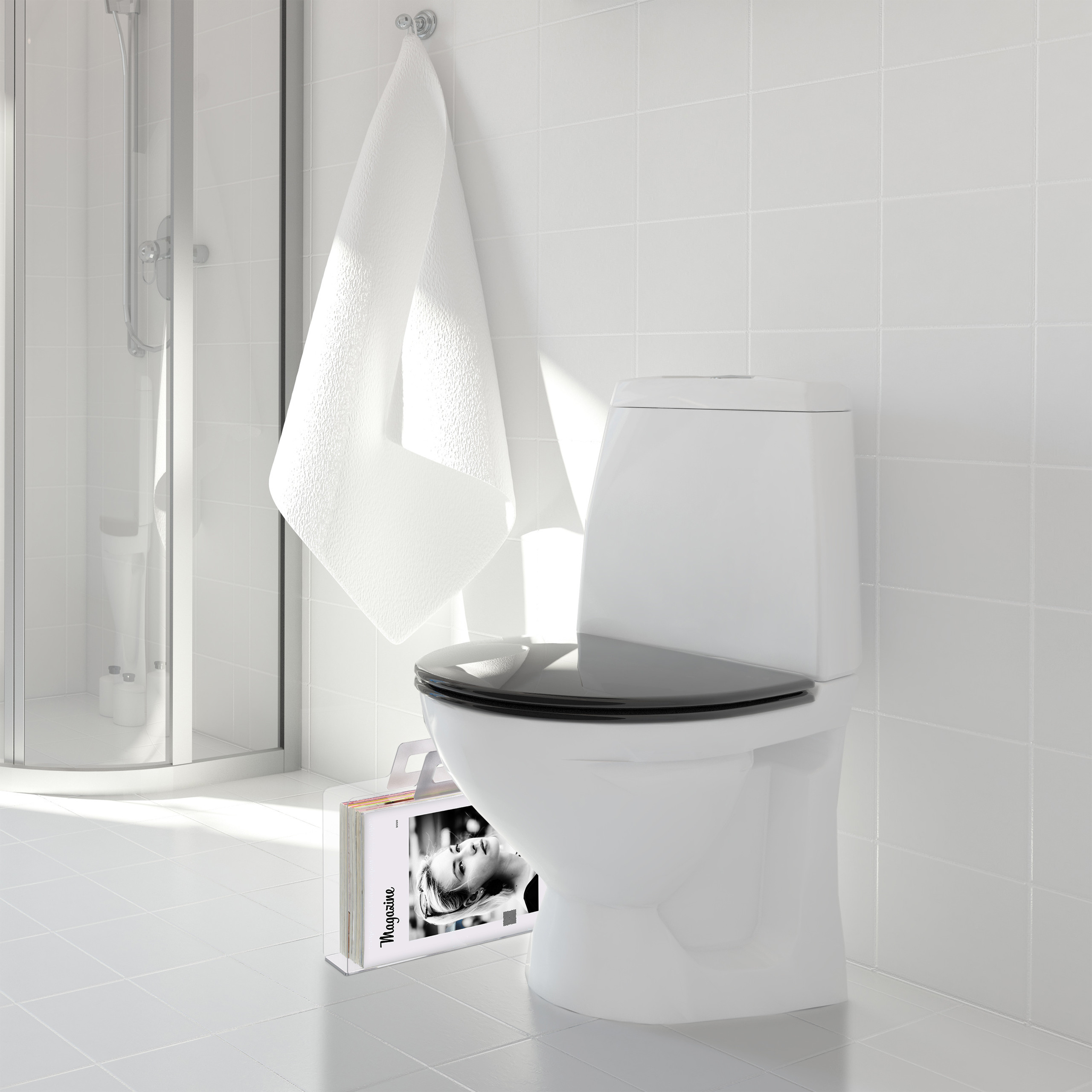 Weißes Bad mit WC, schwarzem Sitz, hängendem Handtuch und Zeitschriftenhalter.