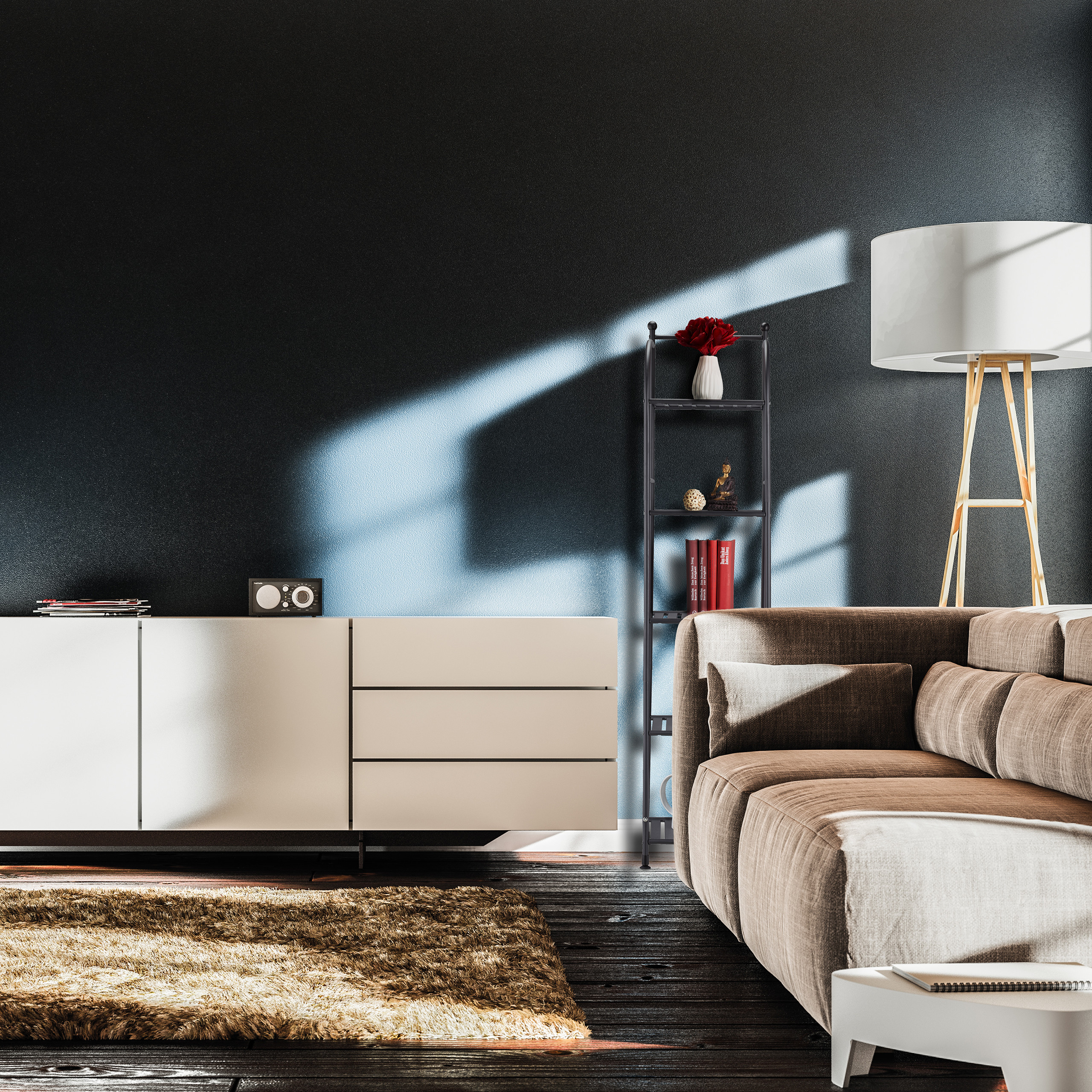 Wohnzimmer mit dunkler Wand, weißer Kommode, braunem Sofa, Stehlampe und einem flauschigen Teppich.