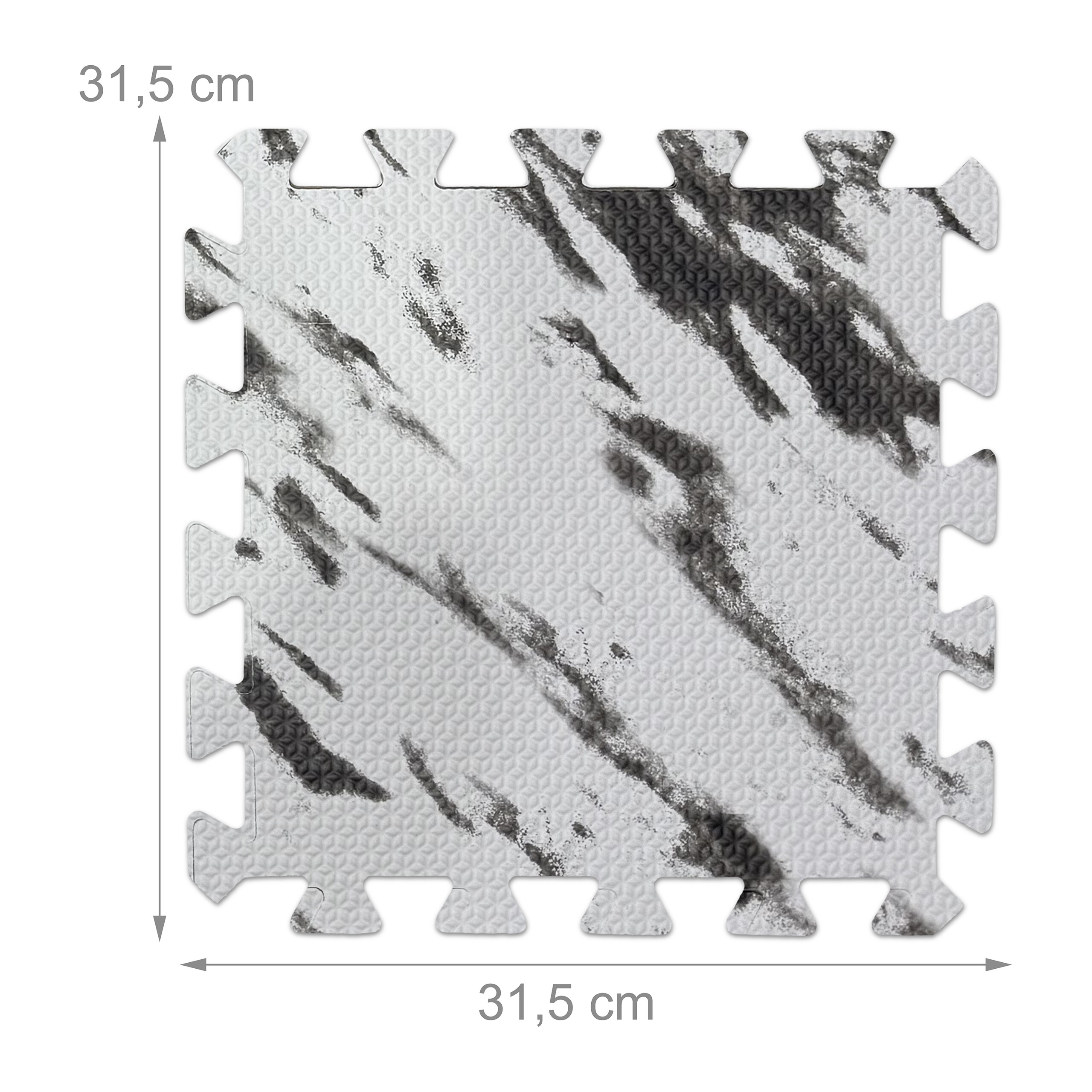 Quadratische Schaumstoffmatte in Weiß-Schwarz mit Marmormuster und Steckkanten, Maße 31,5 x 31,5 cm.