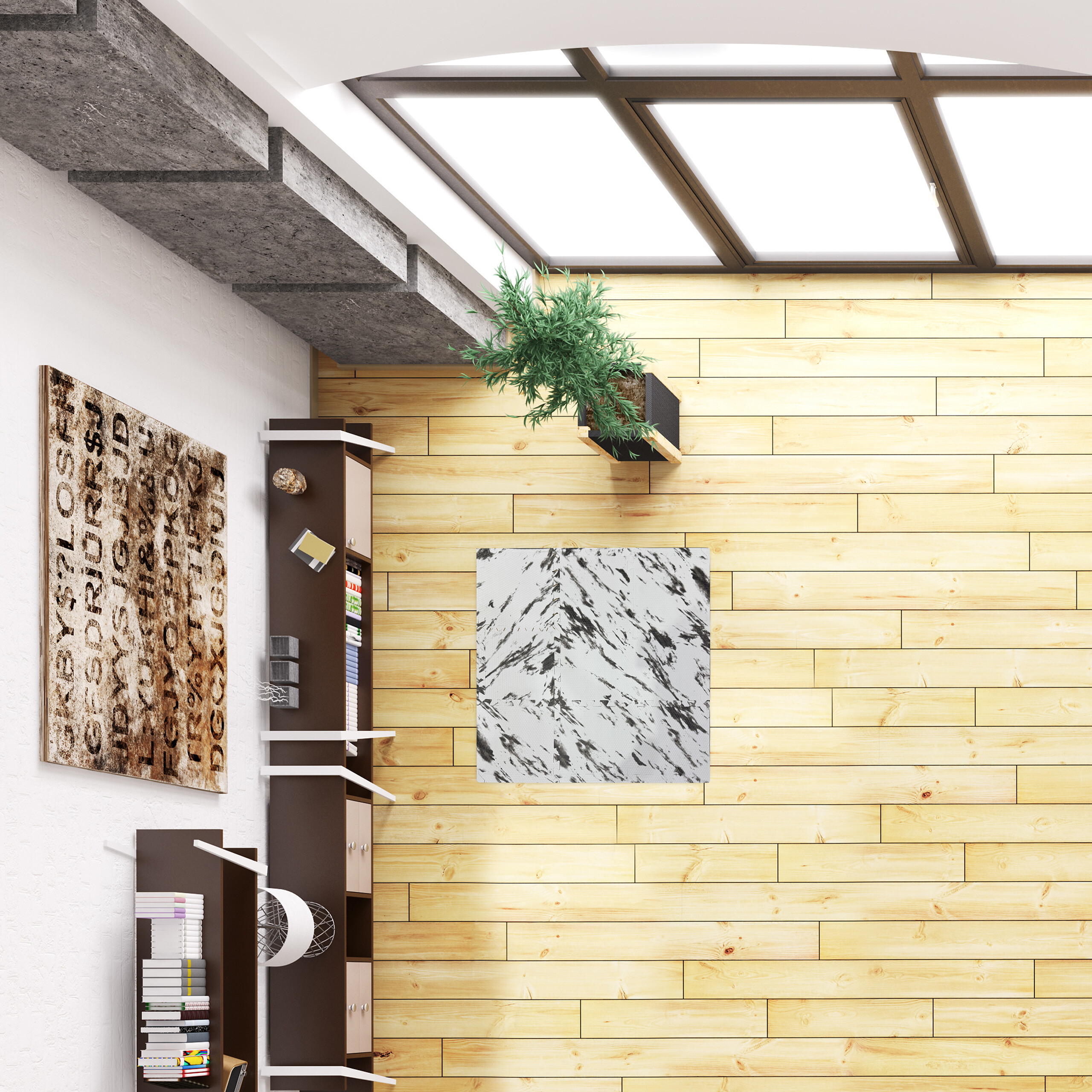 Ein modernes Zimmer mit Holzwänden, Dachfenster, Regal, Topfpflanze und abstrakter Kunst.